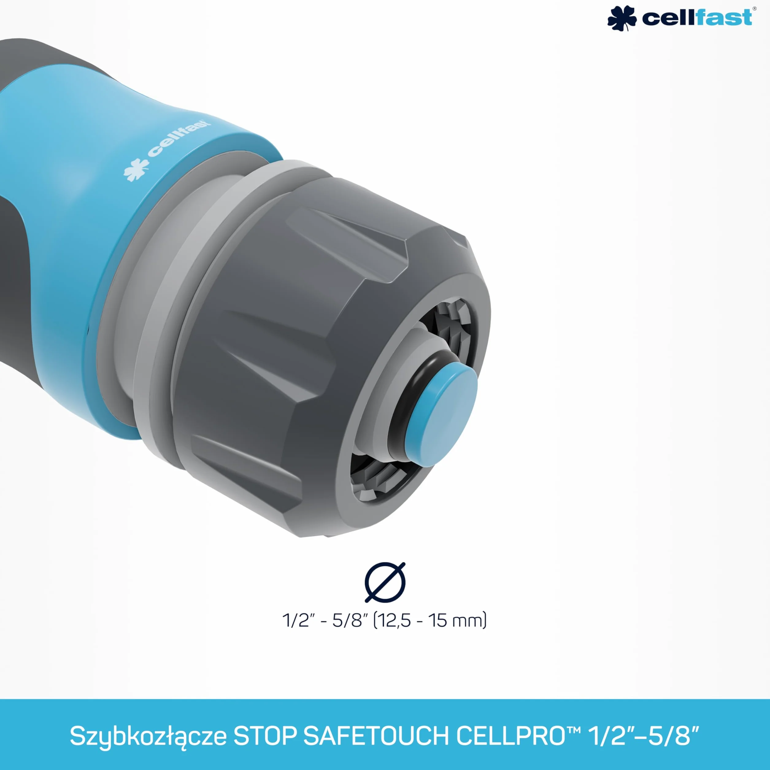 Cellfast Szybkozłącze - stop SAFETOUCH IDEAL™ 1/2" - 5/8", Połączenie dwóch końców węży, Tworzywo PC/ABS, Ergonomiczny kształt, 51-622