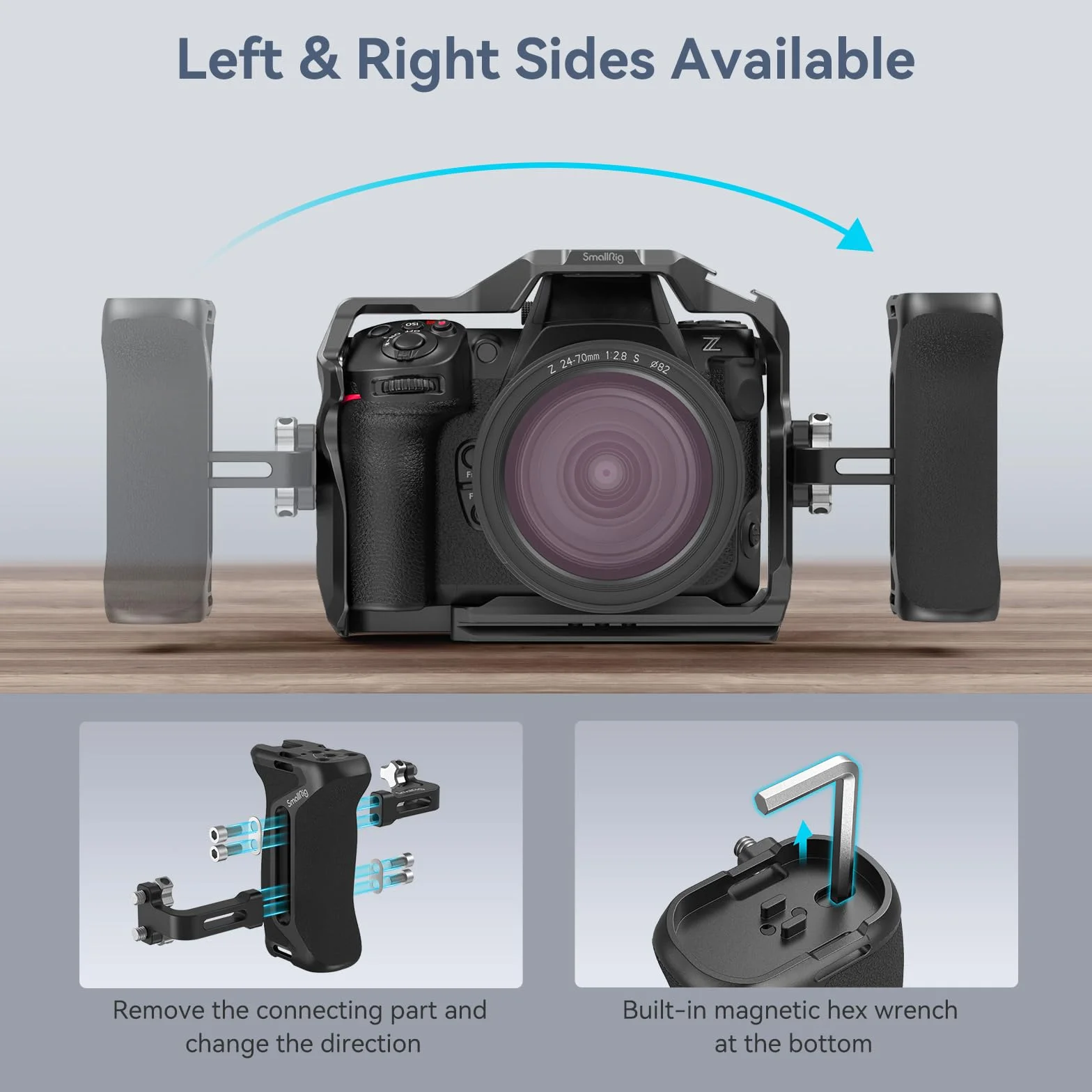 SMALLRIG Side Handle Uchwyt Boczny do Klatek Fotograficznych, Uniwersalny Ergonomiczny Uchwyt Boczny z Wbudowanym Otworem Ustalającym 1/4"-20, Otwór na Pasek, Zimna Stopka, Regulacja Góra/dół - 4015
