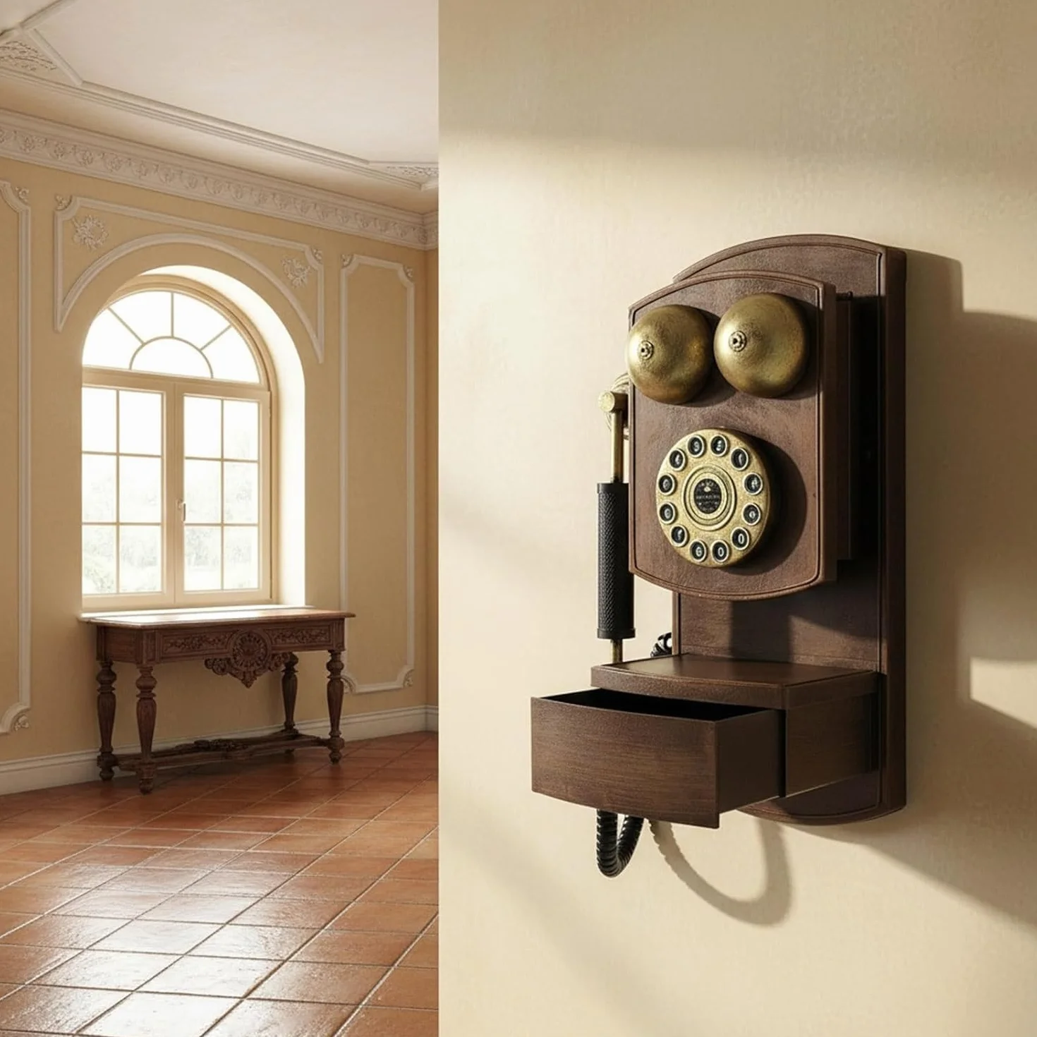 Dekoracja ścienna telefonu w stylu vintage z obrotową tarczą - antyczna ozdoba na telefon stacjonarny do domu, biura lub retro budki - klasyczny rekwizyt kolekcjonerski