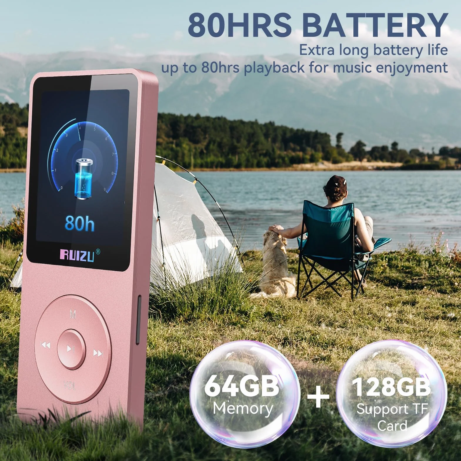 Odtwarzacz MP3 64GB z Bluetooth 5.3, super lekki (30 g), czas pracy do 80 godzin, ekran 1,8", idealny do uprawiania sportu, dla dzieci i dorosłych, obsługuje karty TF do 128 GB.