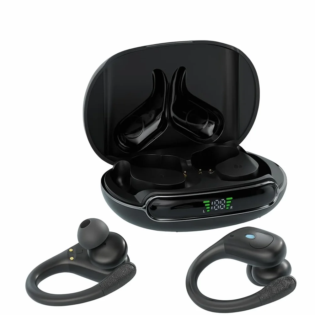 E1 Open Ear, słuchawki bezprzewodowe douszne z mikrofonem, Bluetooth, zaczepy, 54 godzin odtwarzania, szybkie ładowanie, wodoodporność IPX5, z etui, czarne