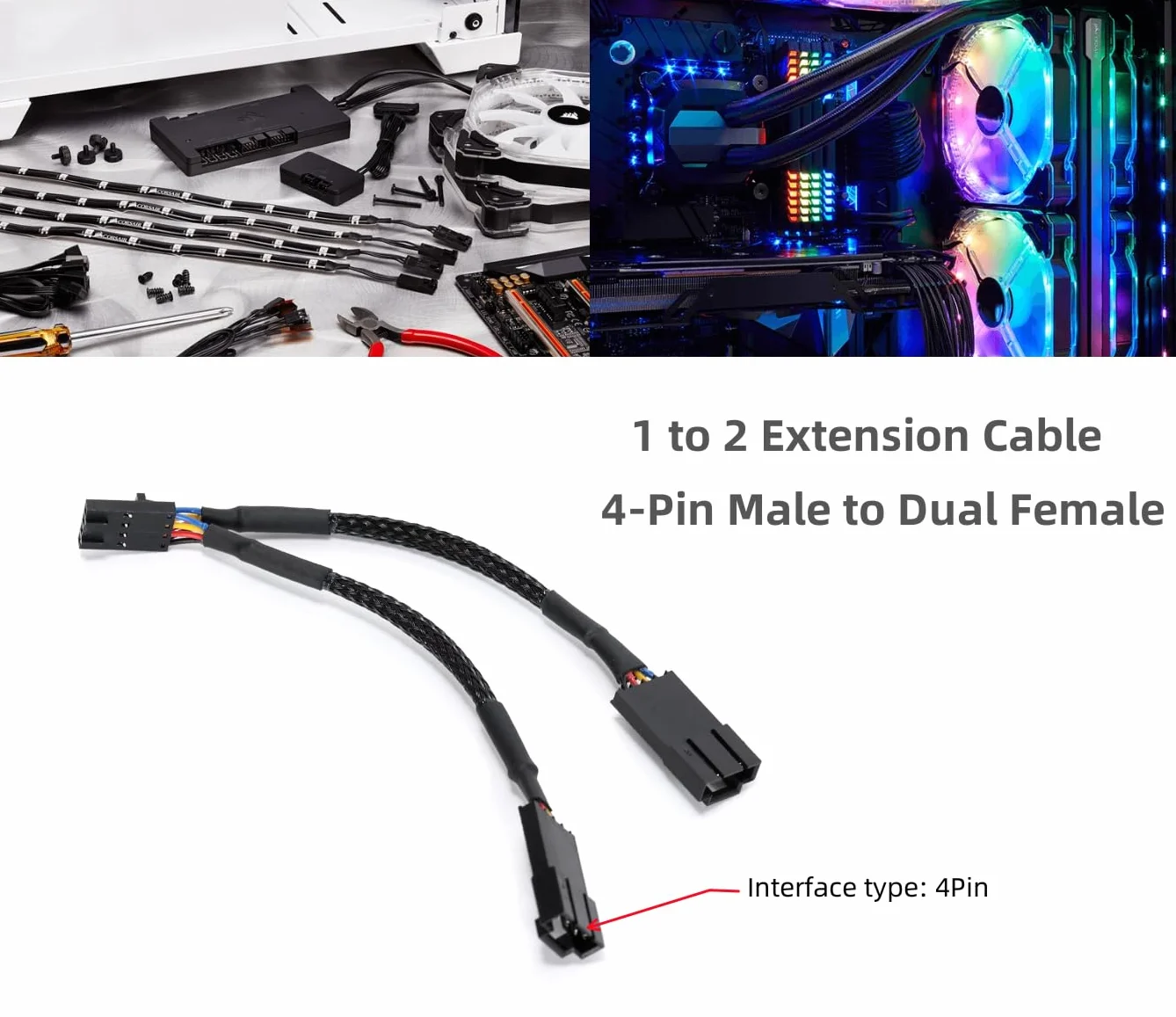 1 x kabel rozdzielacza wentylatora PWM do komputera PC 4-pinowy 1 męski na 2 żeński (długość kabla 100 mm) kompatybilny z koncentratorem wentylatora Corsair RGB/Corsair Lighting Node