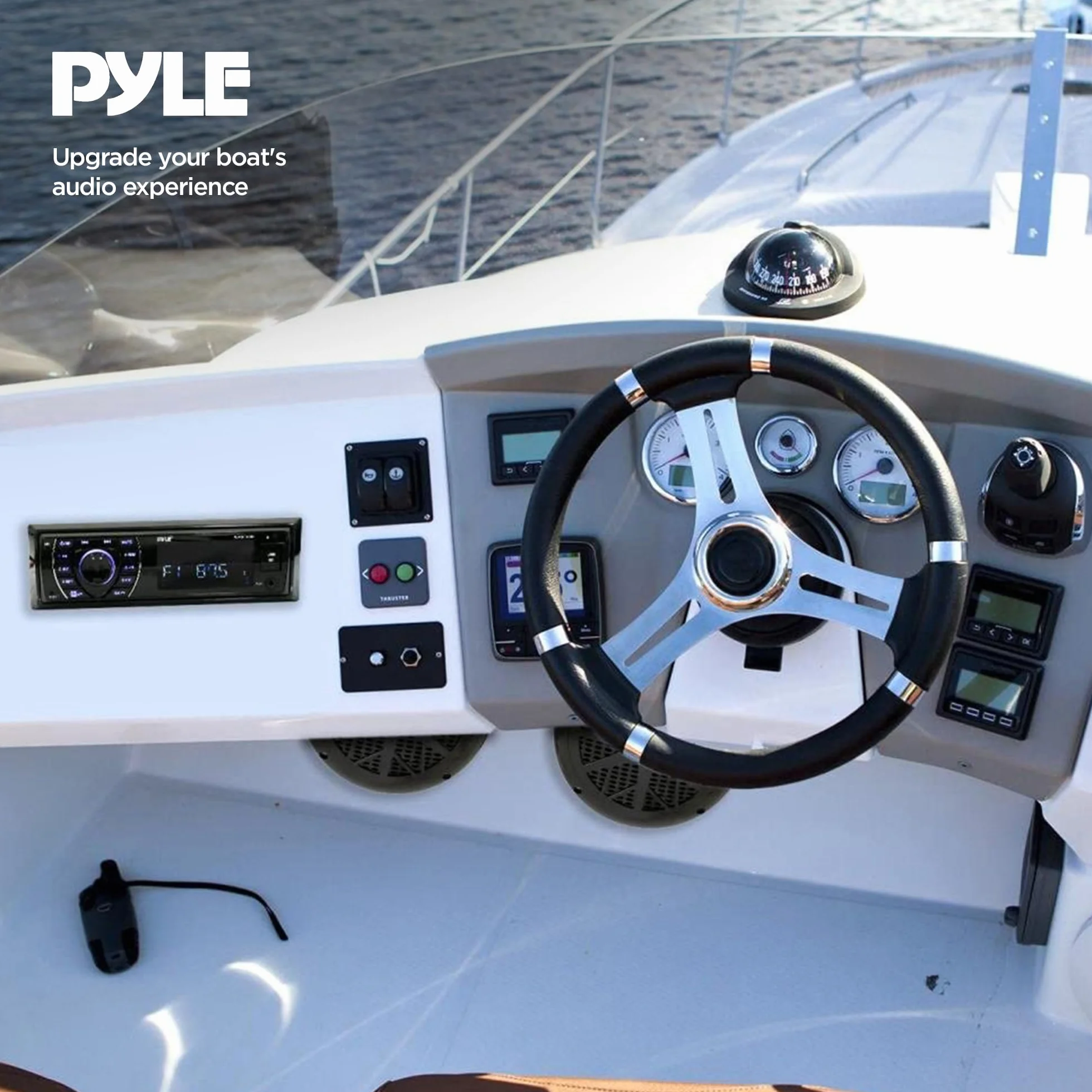 Pyle zestaw morskiego odbiornika i głośników – wbudowane cyfrowe radio stereo LCD z Bluetooth i mikrofonem, system AM/FM, 2 wodoodporne głośniki 5,25", odtwarzacz MP3/SD oraz pilot zdalnego sterowania