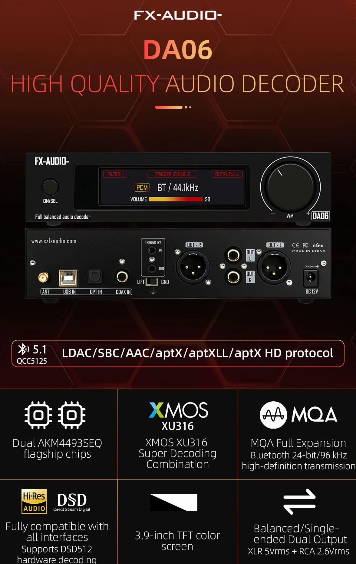 FX-AUDIO- DA06 MQA dekoder audio z pełnym rozszerzeniem podwójny AKM4493SEQ XU316 768 kHz/32-bitowy DSD512 Hi-Res True Balanced DAC z pilotem zdalnego sterowania
