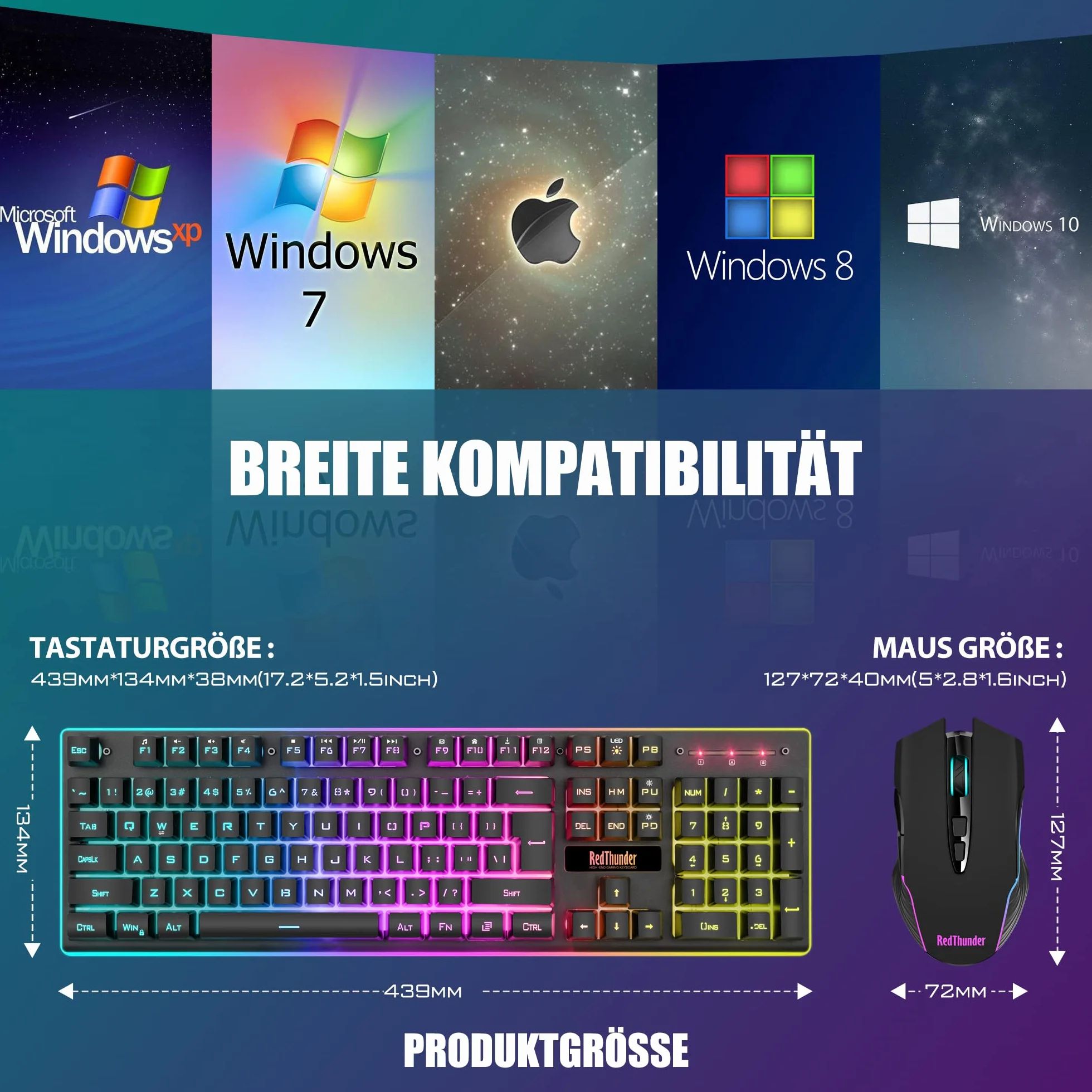 RedThunder K10 Zestaw bezprzewodowej klawiatury i myszy do gier, układ QWERTZ DE, bezprzewodowa klawiatura o pojemności baterii 3000 mA i mysz do gier 3200 DPI dla graczy (czarna)