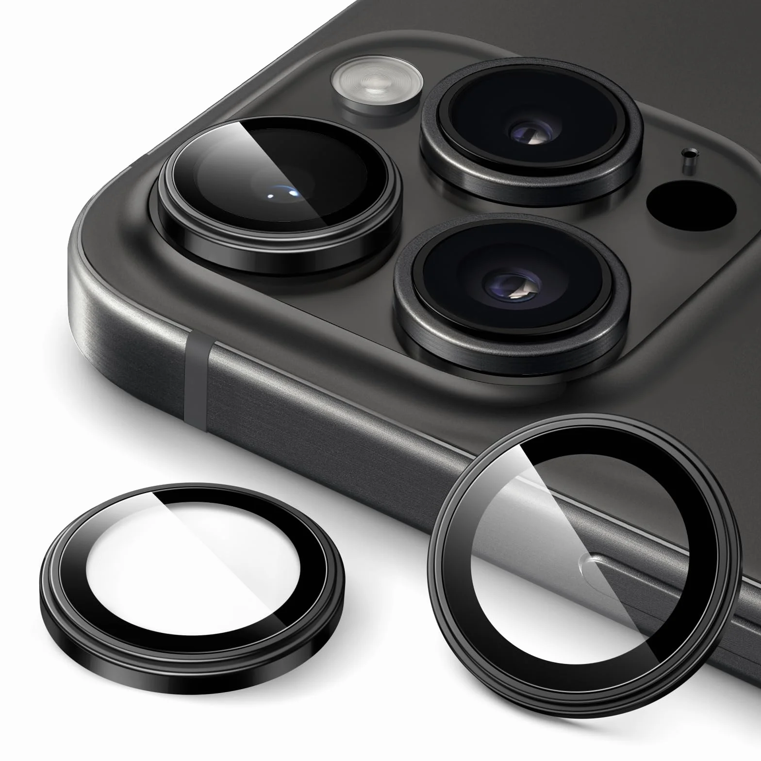 JETech Ochraniacz Obiektywu Aparatu dla iPhone 15 Pro 6,1 Cala i iPhone 15 Pro Max 6,7 Cala, 9H Szkło Hartowane Metalowa Indywidualnym Pierścieniem, HD Przejaśniać, 1 Zestaw (Tytan Czarny)