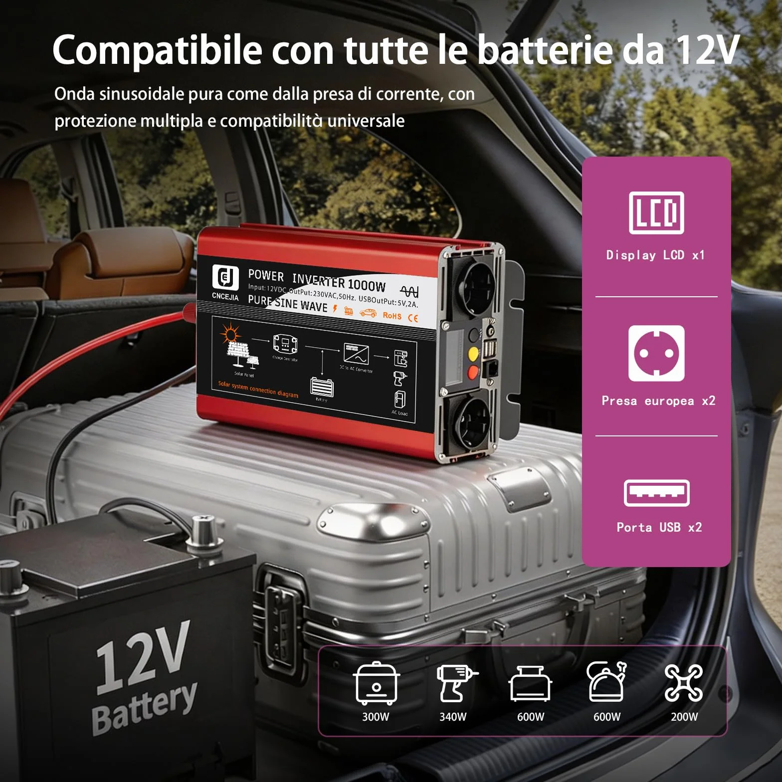 falownik 1000 W, czysty sinus 12 V na 230 V, przetwornica napięcia z 2 portami USB, 2 gniazdami USB, 2 gniazdami LCD, do samochodu, kampera, na kemping (czerwony)