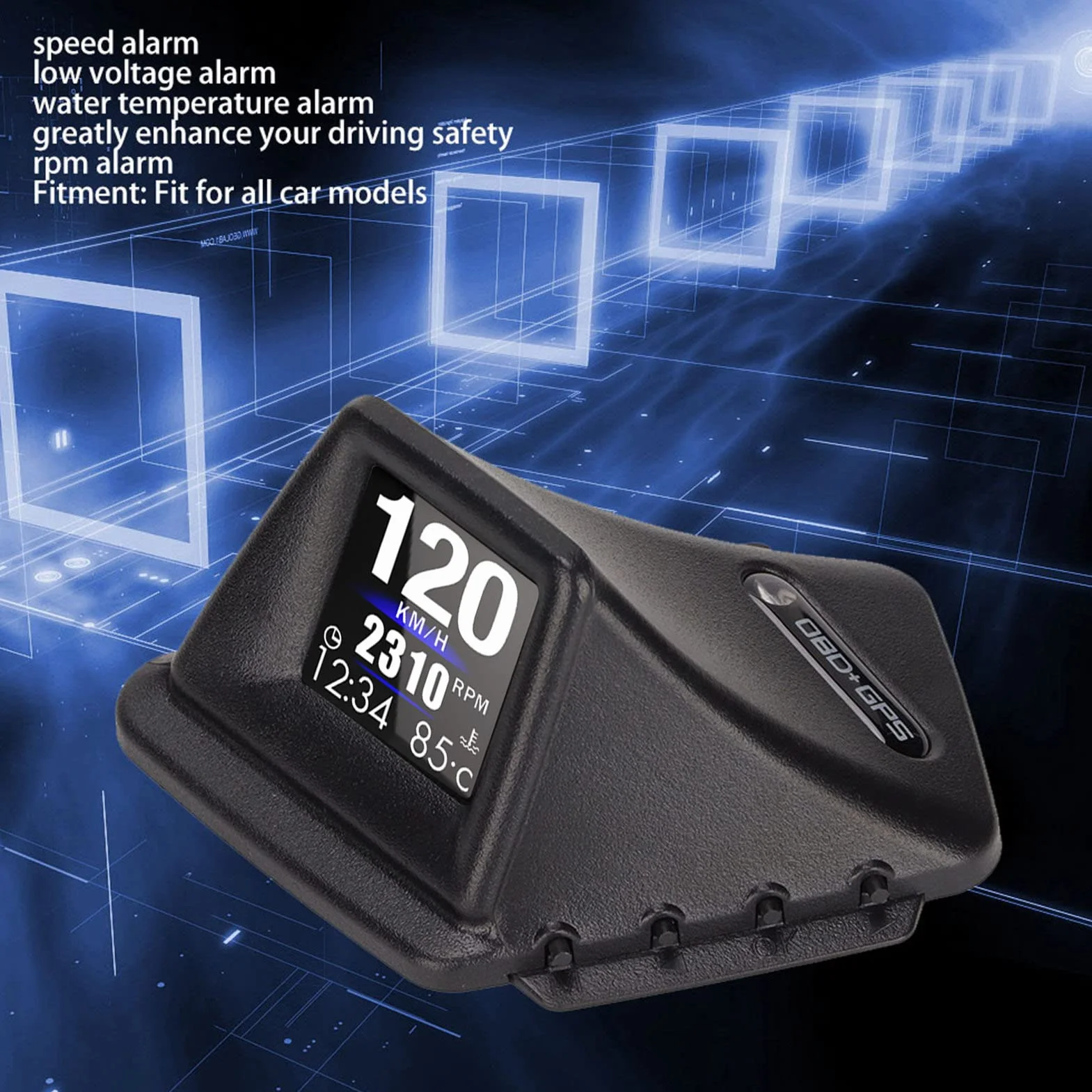 Universal Car HUD, Wyświetlacz OBD2 GPS Head Up, Wielofunkcyjny Prędkościomierz GPS, Alarm Prędkości, Alarm Niskiego Napięcia, Alarm Temperatury Wody, Alarm Obrotów, Wyświetlacz LCD dla Wszystkich Poj