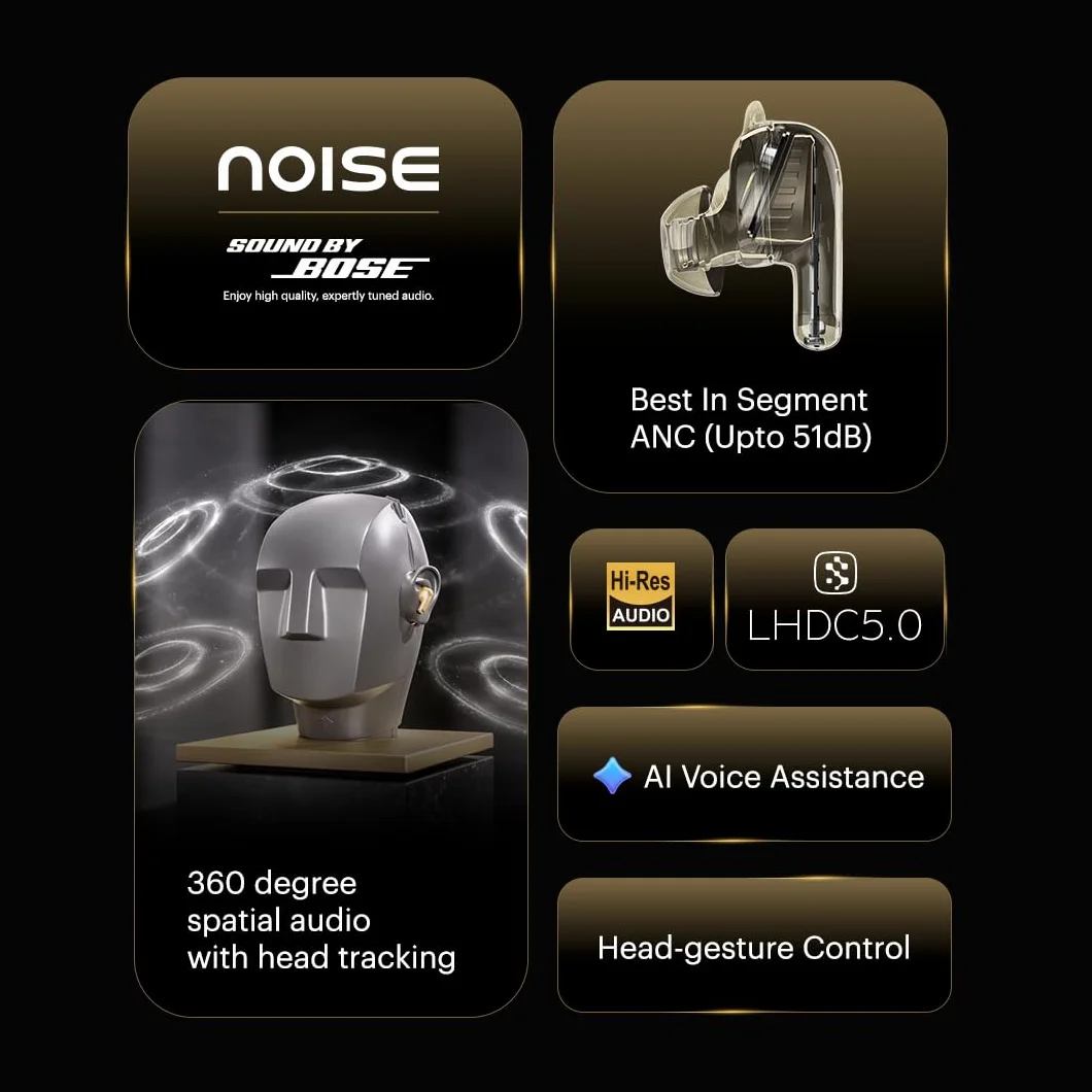 Noise Master Buds 2 z SoundByBose (2026), adaptacyjny ANC 51 dB, Hi-Res LHDC Audio, 360° Spatial Audio z Head-Tracking, 6-Mic ENC, podwójne parowanie, szybkie ładowanie i BT v6.1 (Aurum)