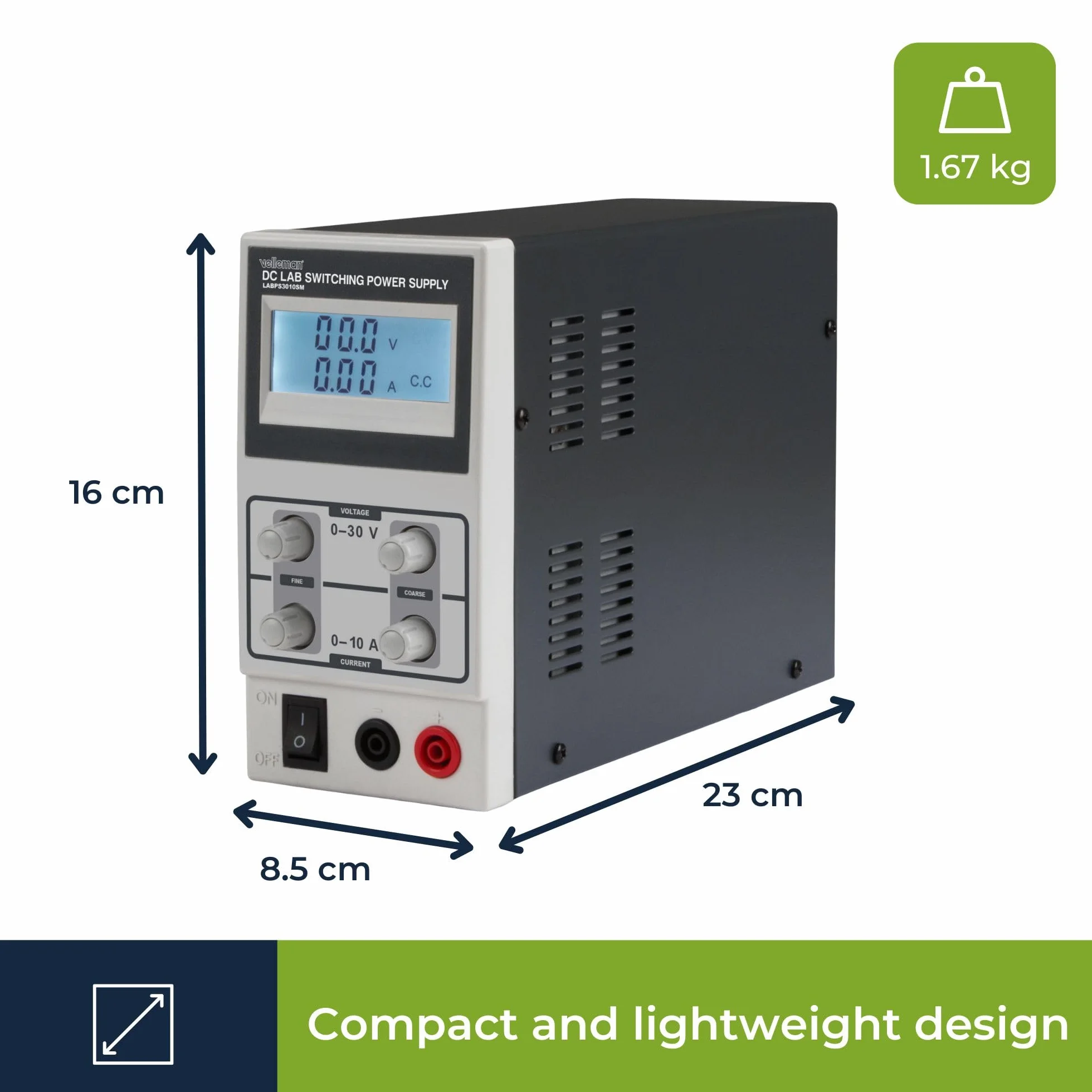 Velleman Zasilacz Lab, przełączany, regulowany, 0-30 VDC/0-10 A, ograniczenie prądu, zabezpieczenie przeciwzwarciowe, wyświetlacz LCD, szary