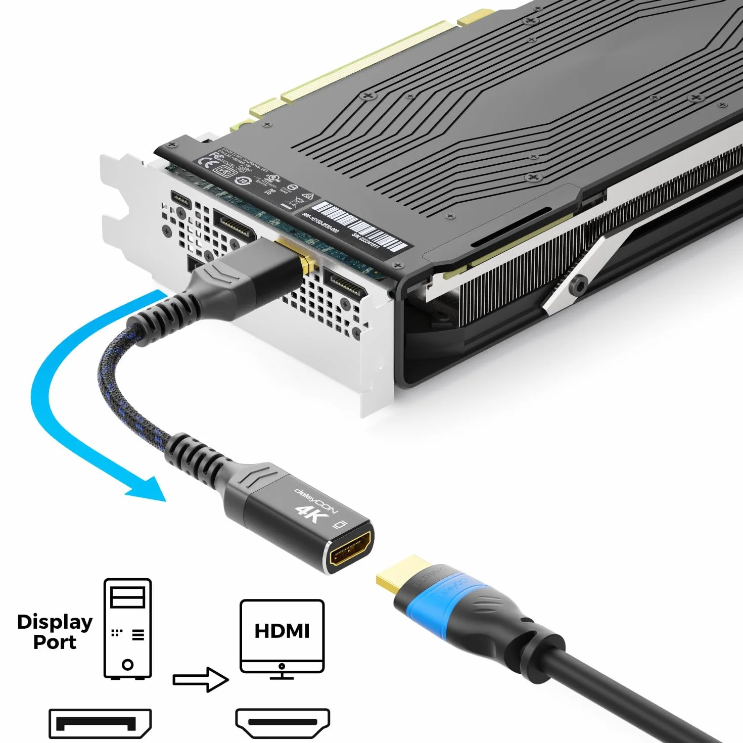 deleyCON Adapter DisplayPort do HDMI (Do Monitora, Telewizora, Projektora) - 4K@30Hz // 1080P@60Hz - Aluminiowa Wtyczka Kabel Nylonowy DisplayPort Męski do HDMI Żeński PC Laptop Monitor Czarny