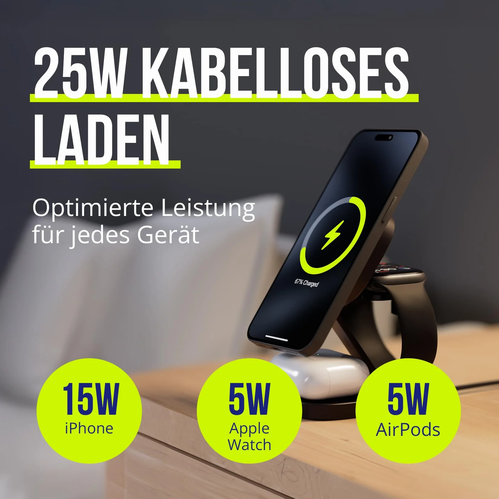 Ładowarka 3 w 1, 25 W, składana, bezprzewodowa stacja ładująca do iPhone'a, Apple Watch i AirPods, mini bezprzewodowa podstawka ładująca z diodami LED i USB-C – kompatybilna z Qi i MagSafe