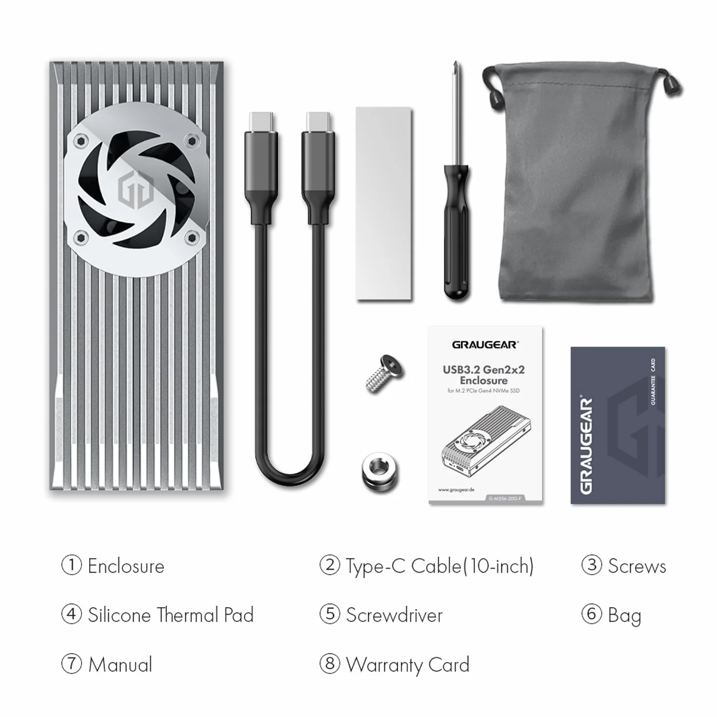 GRAUGEAR Zewnętrzna aluminiowa obudowa 20 Gbps, do M.2 NVMe SSD PCIE x4, M-Key, USB 3.2 Gen2 x 2 20 Gbit/s, aktywny wentylator, ochrona przed zapisem