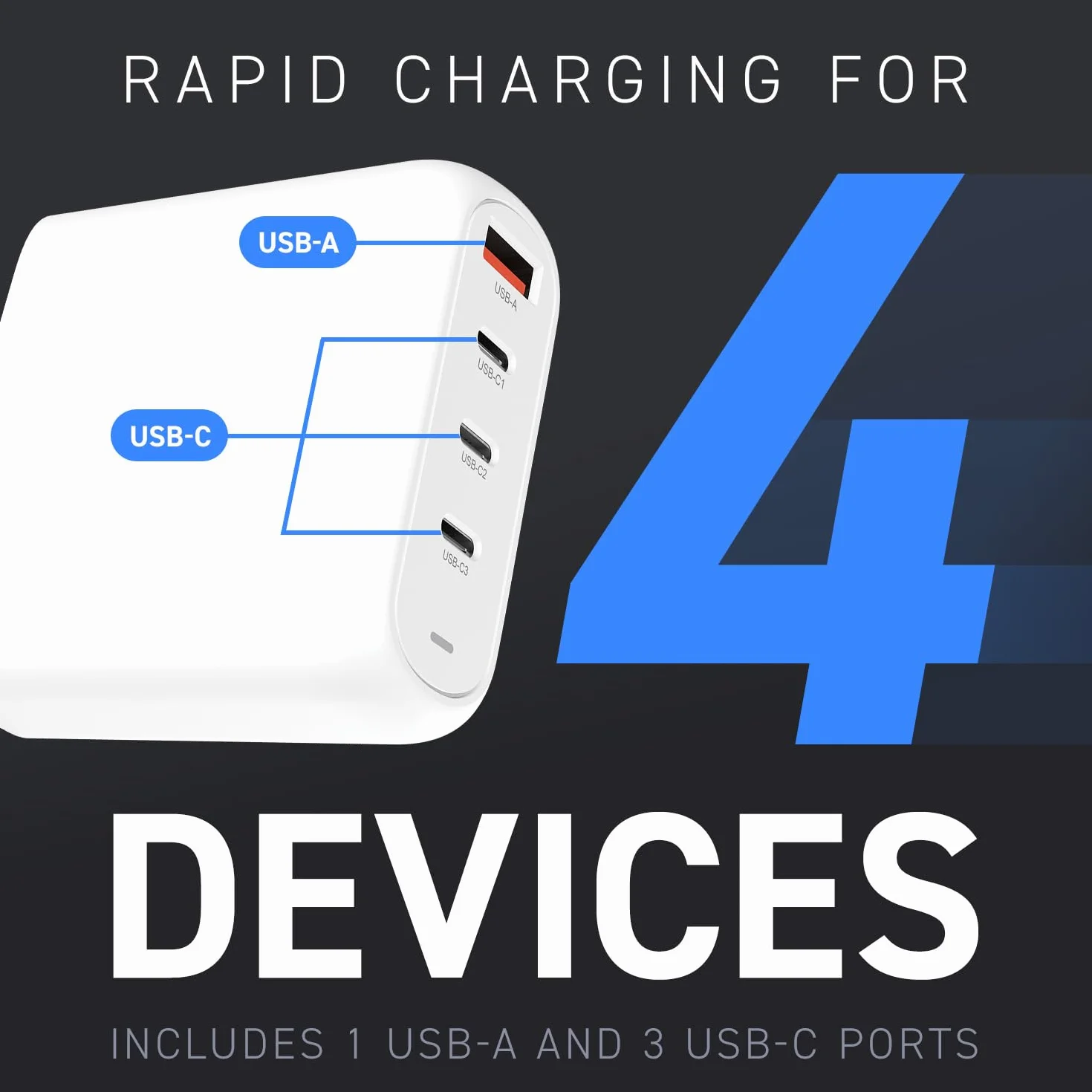 Creative 100 W GaN Charger 4-Port USB GaN Ładowarka ścienna z PPS, PD 3.0 i QC 4.0+ do telefonów i laptopów, w zestawie z wymienną wtyczką AC UE
