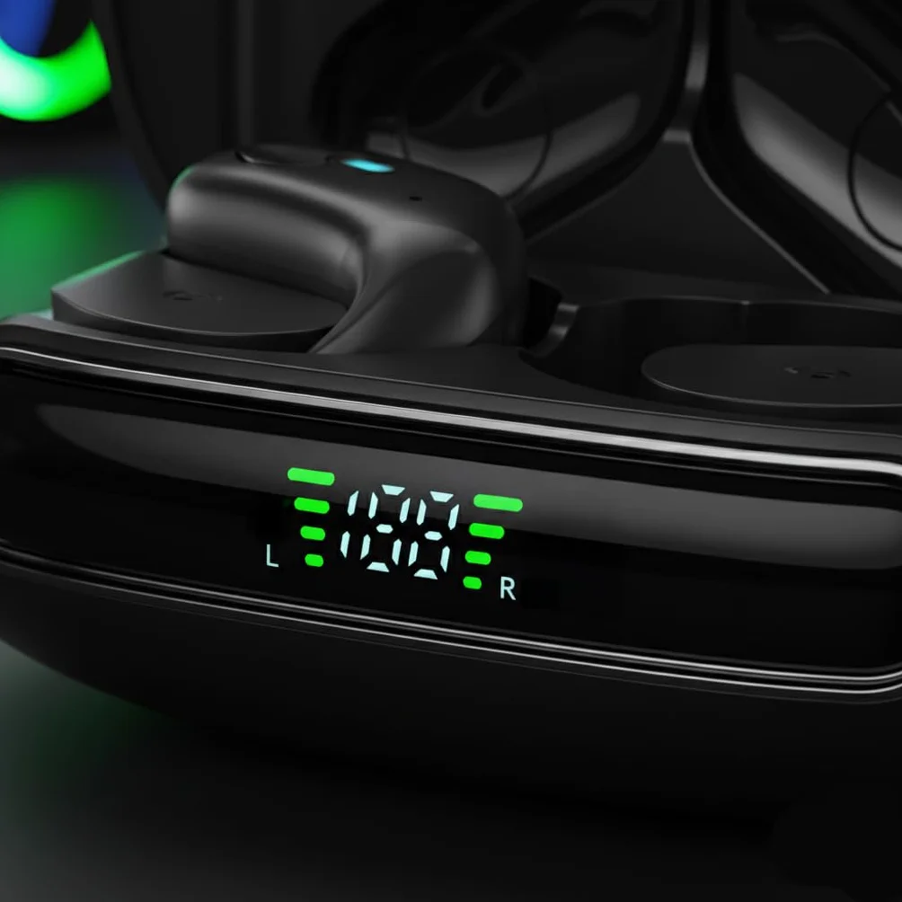 E1 Open Ear, słuchawki bezprzewodowe douszne z mikrofonem, Bluetooth, zaczepy, 54 godzin odtwarzania, szybkie ładowanie, wodoodporność IPX5, z etui, czarne