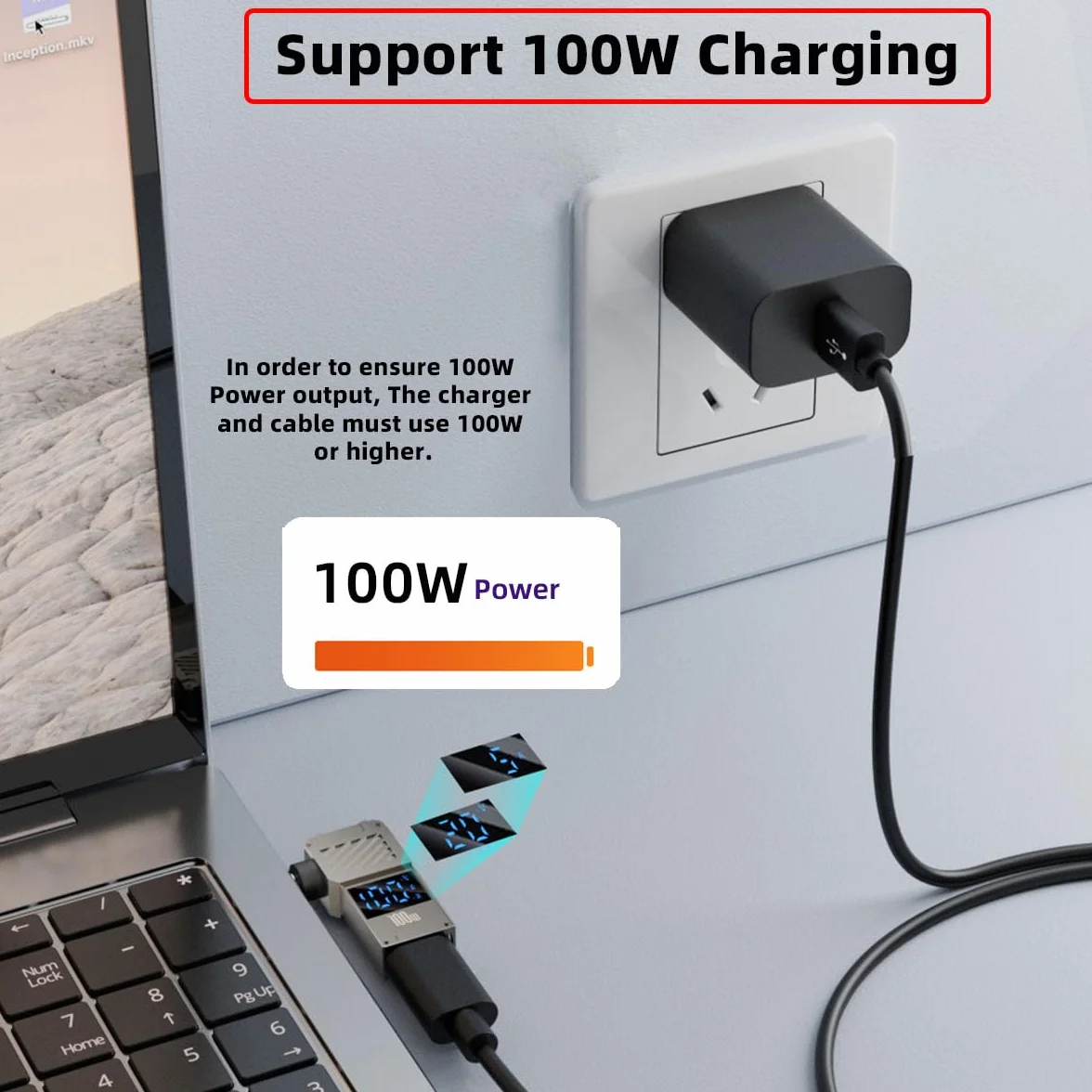 Adapter CY typu C wejście USB-C na DC 5,5 x 2,1 mm Jack inteligentny wyświetlacz LED 100 W moc wyjściowa 20 V 5 A PD Charge 65 W Adapter do laptopa