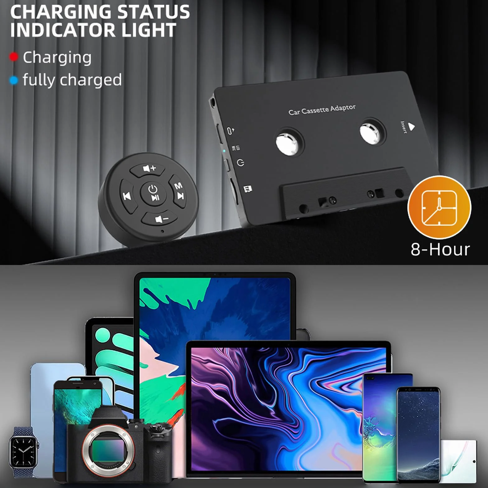 Asixxsix Car Audio Odbiornik Kasetowy Bluetooth 5.4, Bezprzewodowy Adapter Kasetowy Aux z Pilotem na Kierownicy, do Smartfonów, Tabletów, Karty MP3 TF