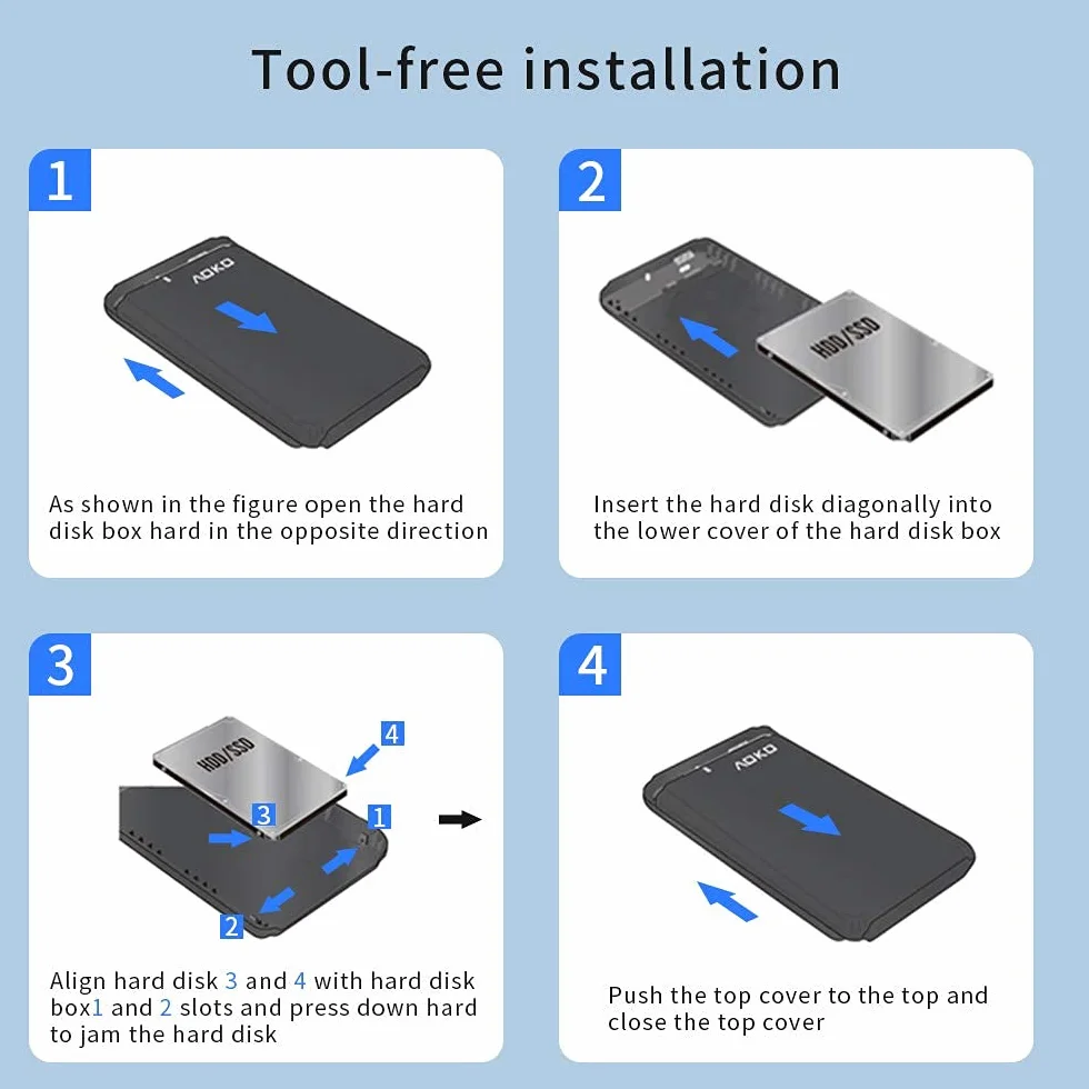AOKO Obudowa dysku twardego SATA USB C 3,1 do 2,5" 7 mm do 15 mm (do grubości 15 mm), przenośny beznarzędziowy konwerter obudowy dysku twardego z podwójnym kablem USB-A na C Y i adapterem