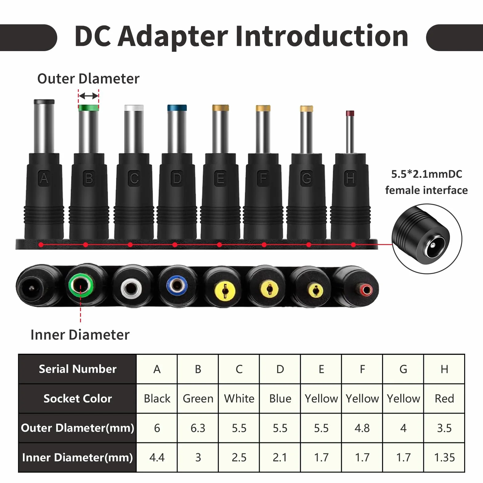 Kabel do ładowarki samochodowej 12V 8 końcówek DC 5,5x2,1mm adapter zapalniczki
