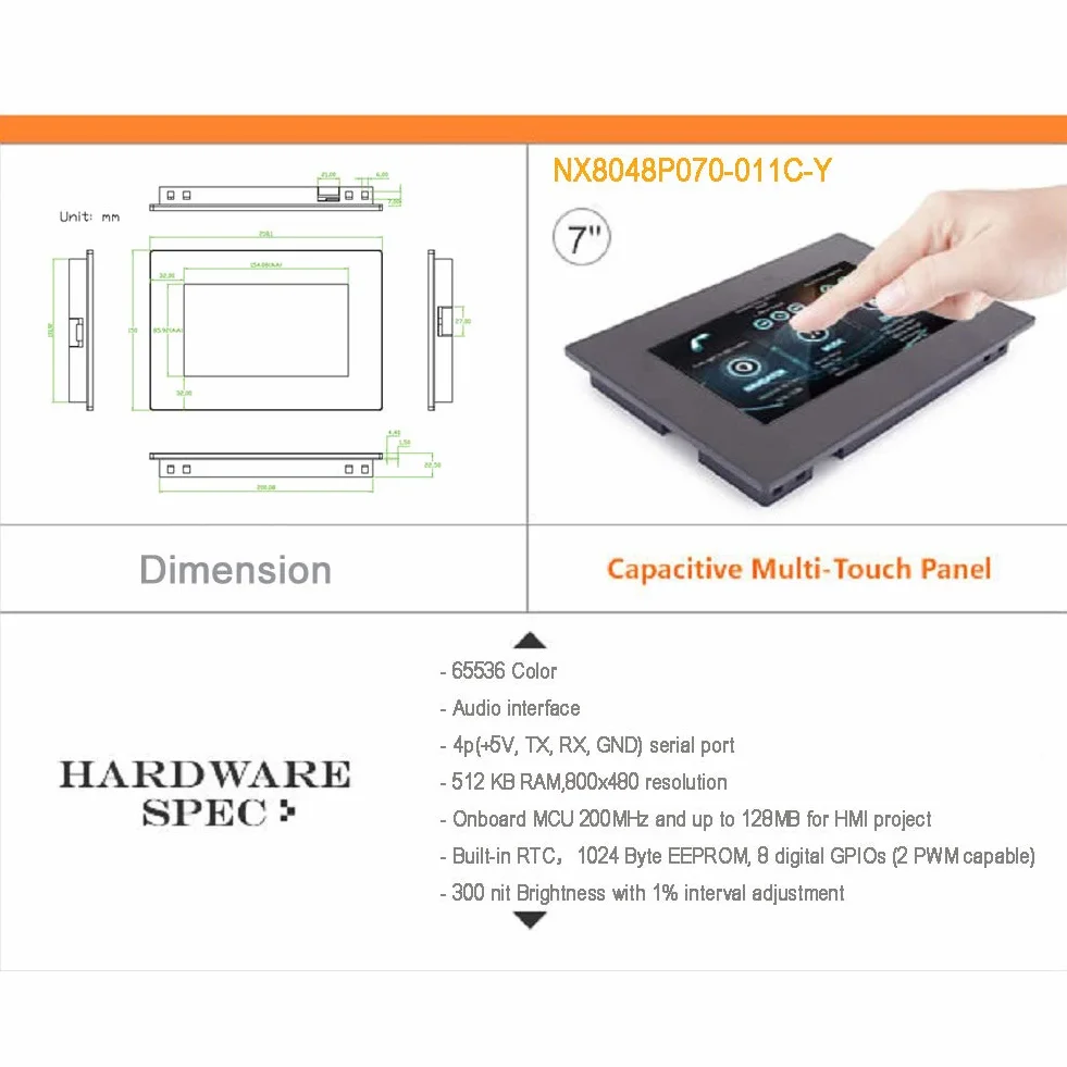 DIYmalls Nextion Inteligentny 7-calowy wyświetlacz HMI 5 V pojemnościowy ekran dotykowy 800 x 480 TFT LCD z obudową etui do Arduino Raspberry Pi (NX8048P070-011C-Y)