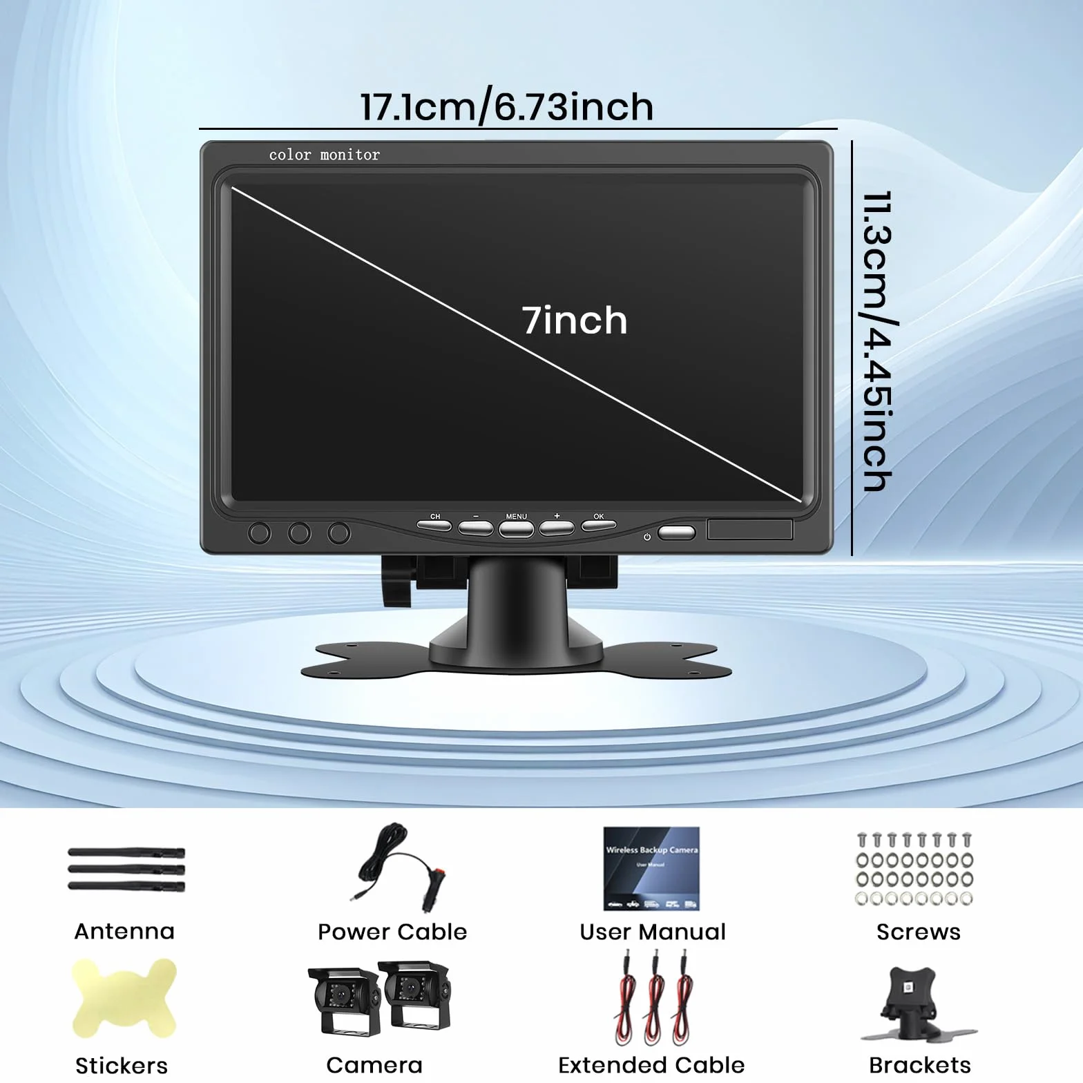 Inefala Zestaw cyfrowych bezprzewodowych kamer cofania z 7-calowym HD 1080P monitorem i 2 kamerami cofania, bezprzewodowa kamera cofania z funkcją radiową z wodoodpornością IP68, widzenie w nocy dla