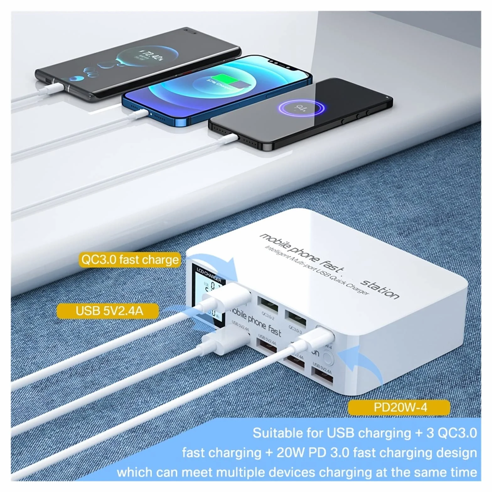 Stacja łAdująCa USB, 8-portowa szybka ładowarka USB szybkie ładowanie QC3.0 PD3.0 Multi USB stacja ładująca LCD cyfrowy wyświetlacz szybka ładowarka Bardziej Bezpieczna I Uniwersalna Kompatybilność