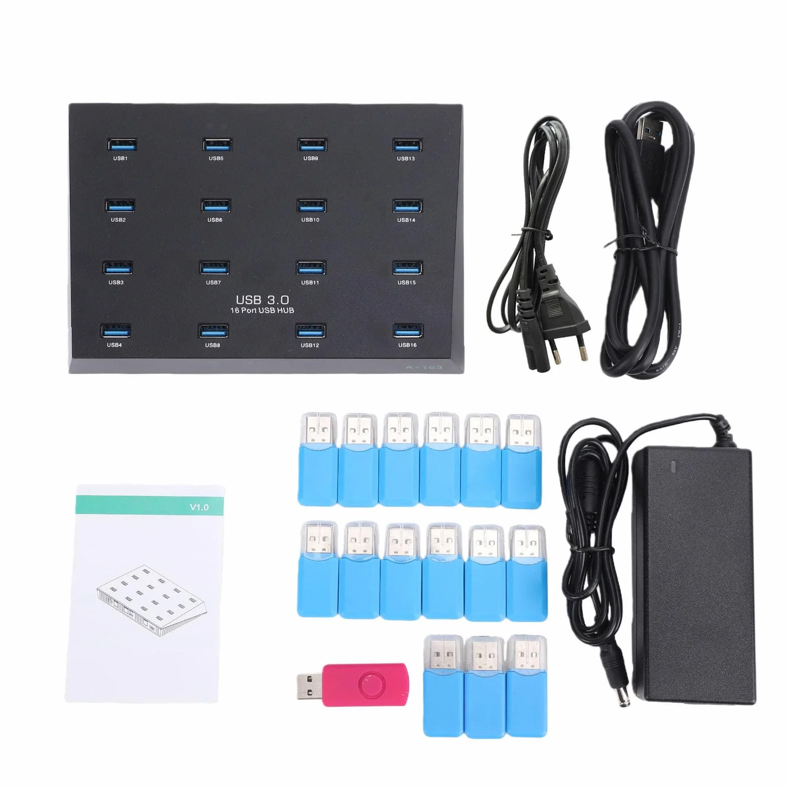 GOWENIC Koncentrator USB 3.0, 16 Portów, Transfer Danych 5 Gb/s, Przemysłowy Koncentrator USB do Testowania Wsadowego, z funkcją Plug and Play, Kompatybilny z Napędem Flash Czytnik (wtyczka UE)