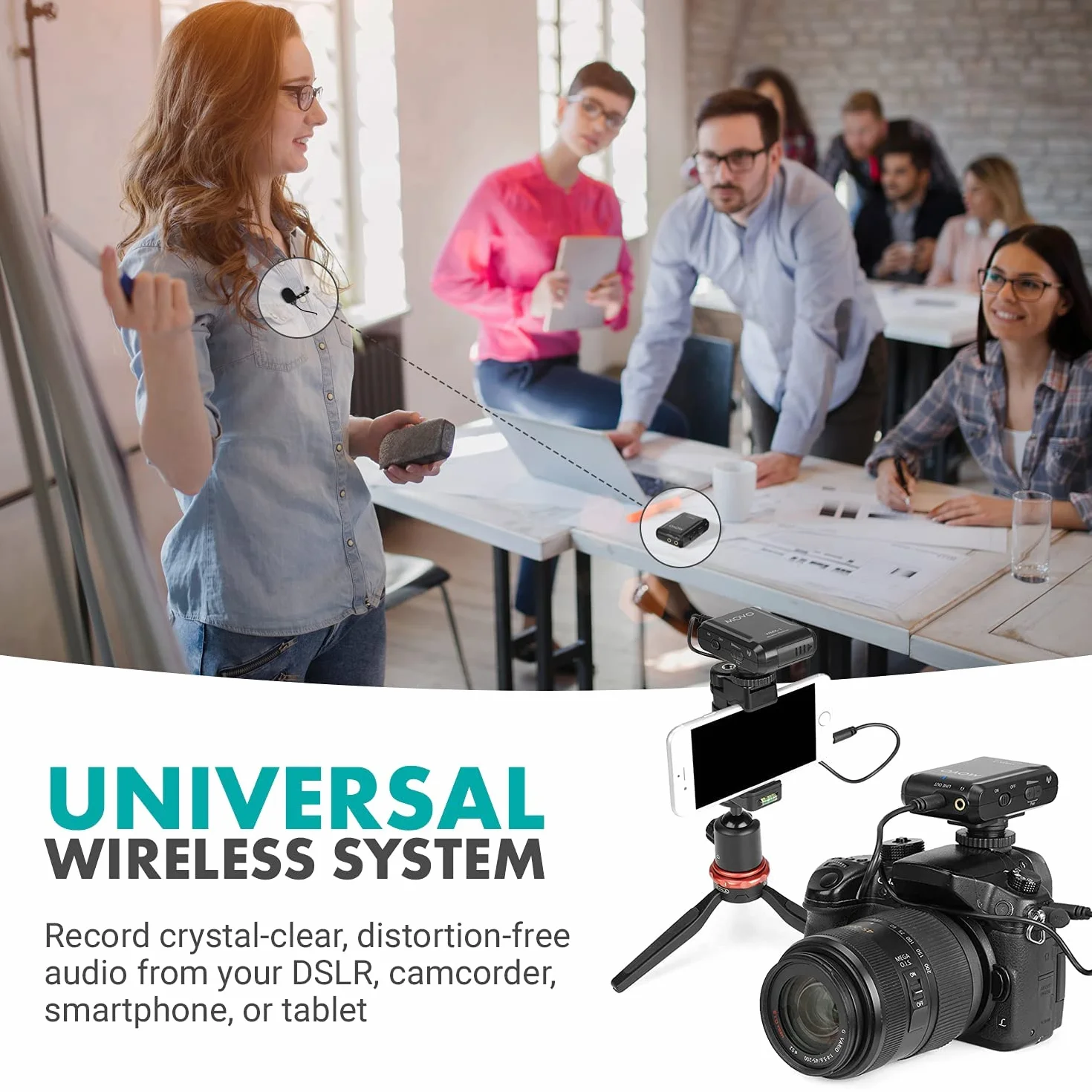Movo WMX-1 2,4 GHz Bezprzewodowy system mikrofonowy Lavalier Micro Tie Zestaw transmisji audio kompatybilny z DSLR, aparatami fotograficznymi, iPhonem, Android i tabletami (zasięg 60 metrów)
