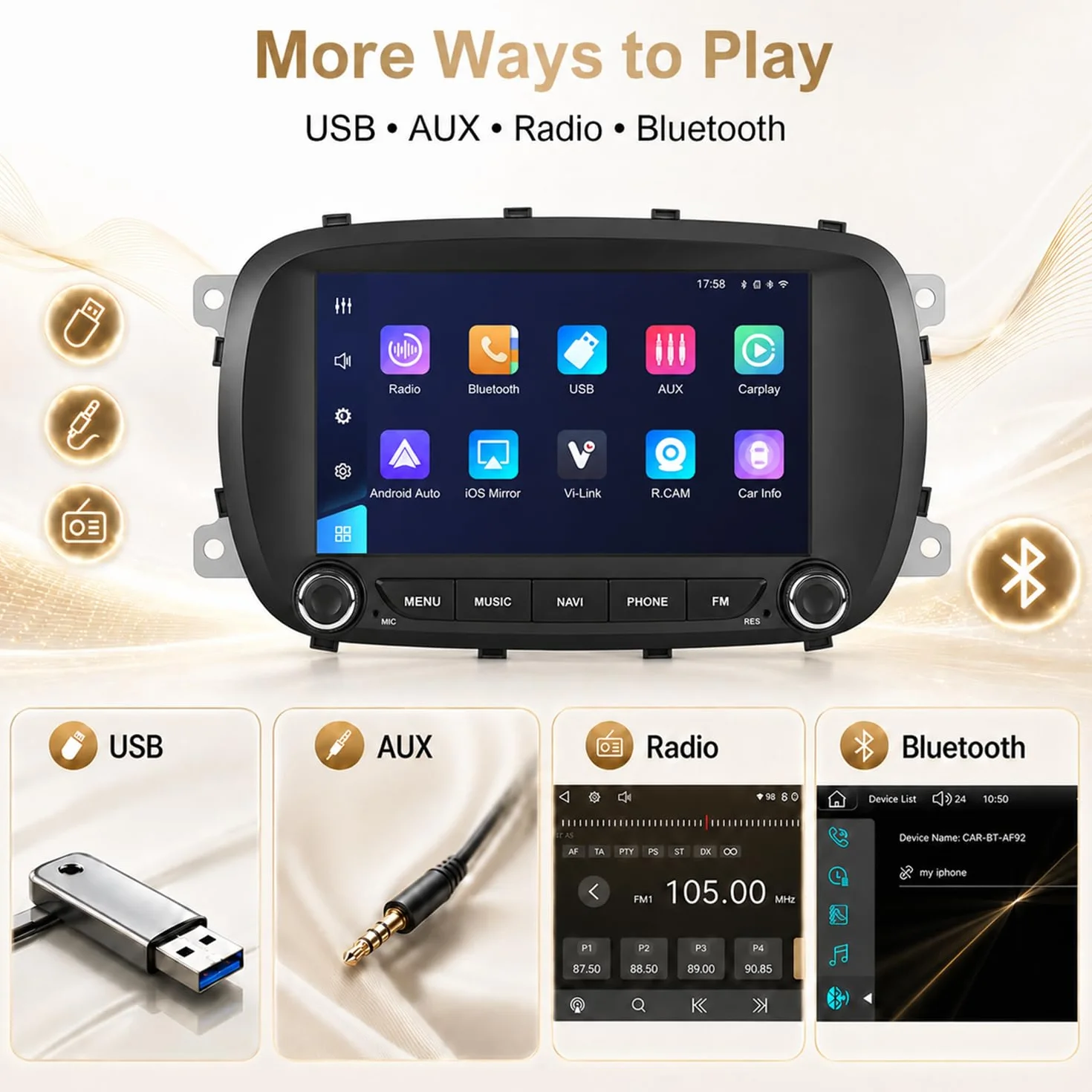 Linux radio samochodowe do FIAT 500X 2014-2020 z CarPlay i Android Auto | 7-calowy wyświetlacz HD, Plug & Play, Bluetooth, FM/AM/RDS/USB/DSP