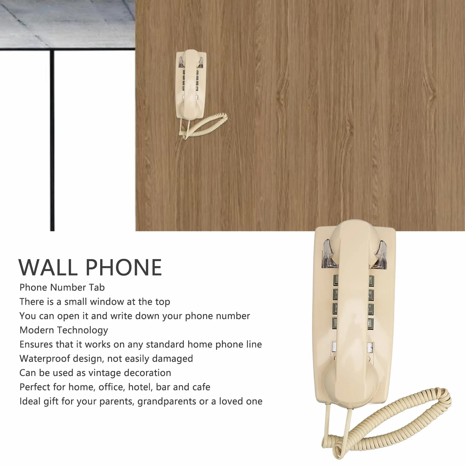 Telefon ścienny w Stylu Vintage, Telefon ścienny w Stylu Retro do Telefonu Stacjonarnego z Mechanicznym Dzwonieniem, Telefon ścienny z regulacją Głośności dla Seniora, łazienka,