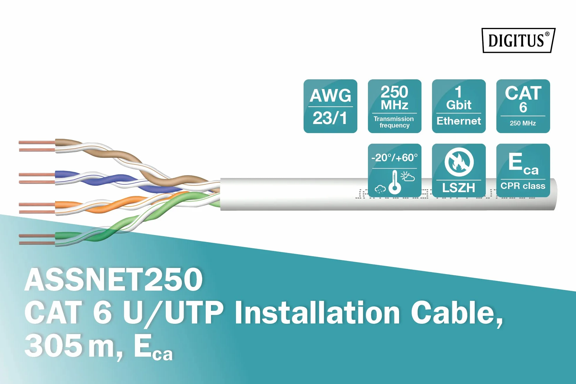 DIGITUS Kabel sieciowy Cat-6-305m Kabel instalacyjny U-UTP - Simplex - Eca PVC - 250 MHz - AWG 23/1 CCA - Szary