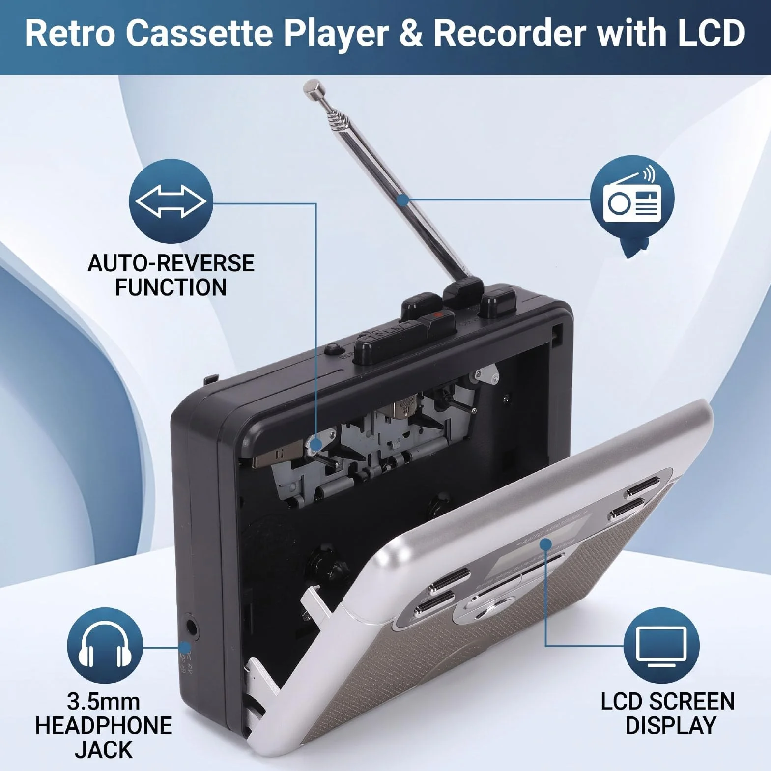 Sxhlseller Odtwarzacz Kasetowy z Radiem AM/FM, Retro Odtwarzacz Taśmowy z Automatycznym Przewijaniem, Vintage Urządzenie Audio z Ekranem LCD i Gniazdem Słuchawkowym 3,5 Mm do Nagrywania