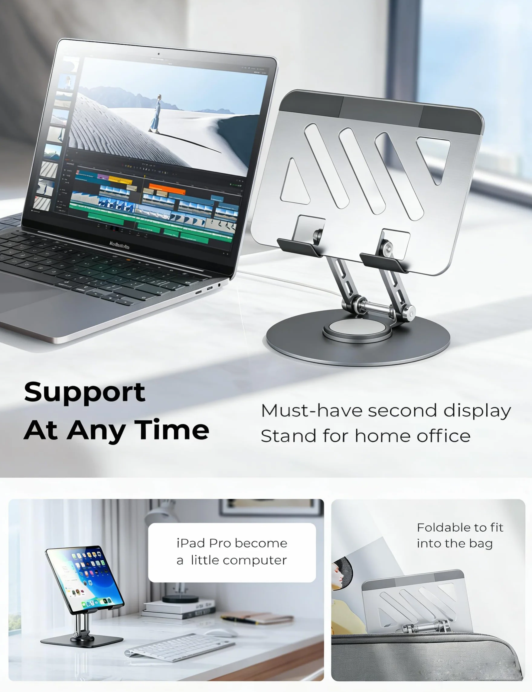 Stojak na tablet, obracany o 360°, regulowany, aluminiowy uchwyt na tablet, składany aluminiowy uchwyt na tablet iPad Pro, Air, Mini/Samsung Galaxy Tab/Kindle i wielu innych (10,2-33 cm)