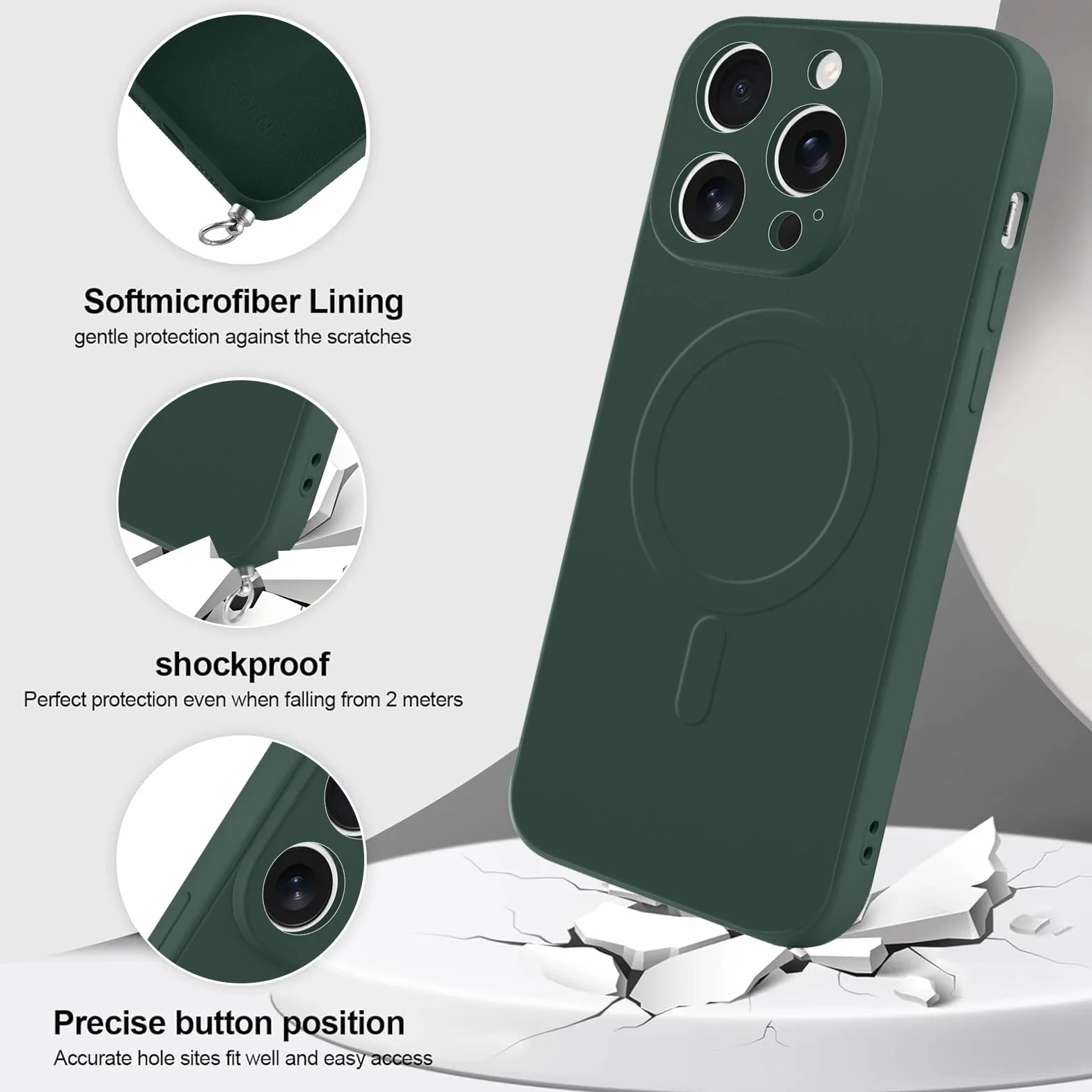 Coiwxmoi Magnetyczne etui do iPhone 16 Pro ze sznurkiem na kołnierz, etui kompatybilne z MagSafe, etui z płynnym silikonem z regulowaną smyczą, zielone