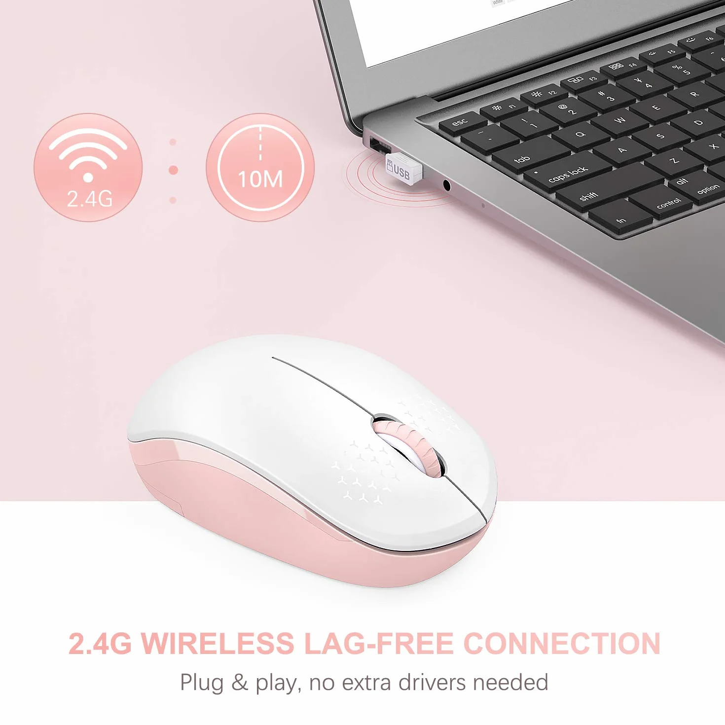 Bezprzewodowa mysz, bezgłośna mysz 2,4 G z odbiornikiem USB, przenośna mysz komputerowa Seenda do komputera, tabletu, laptopa, notebooka, różowa i biała