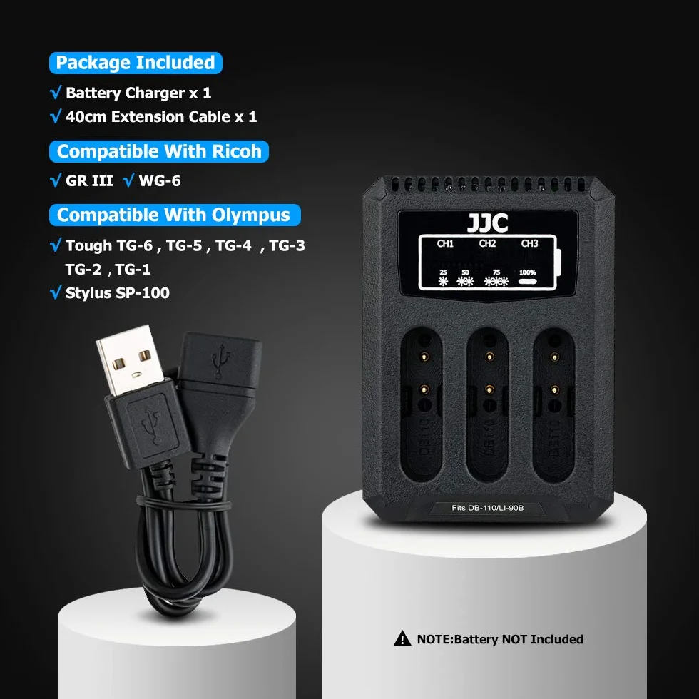 JJC Ładowarka USB potrójny adapter do Ricoh GRIII WG-6, Olympus Tough TG-6, TG-5, TG-4, TG-3, TG-2, TG-1, Stylus X-Z2 iHS, SP-100 do aparatów cyfrowych Ricoh DB-110