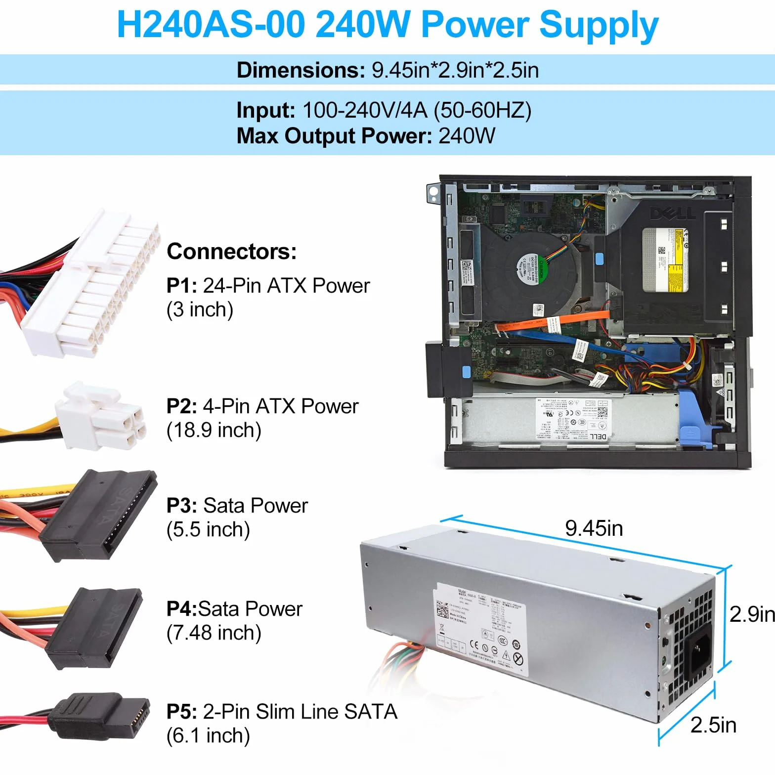S-Union Zasilacz 240W dla Dell Optiplex 390 790 960 990 3010 7010 9010, tylko dla małego kształtu SFF H240ES-00 D240ES-00 AC240AS-00 AC240ES-00 DPS-2400 0WB L2440AS-00 H240AS-00 3WN11