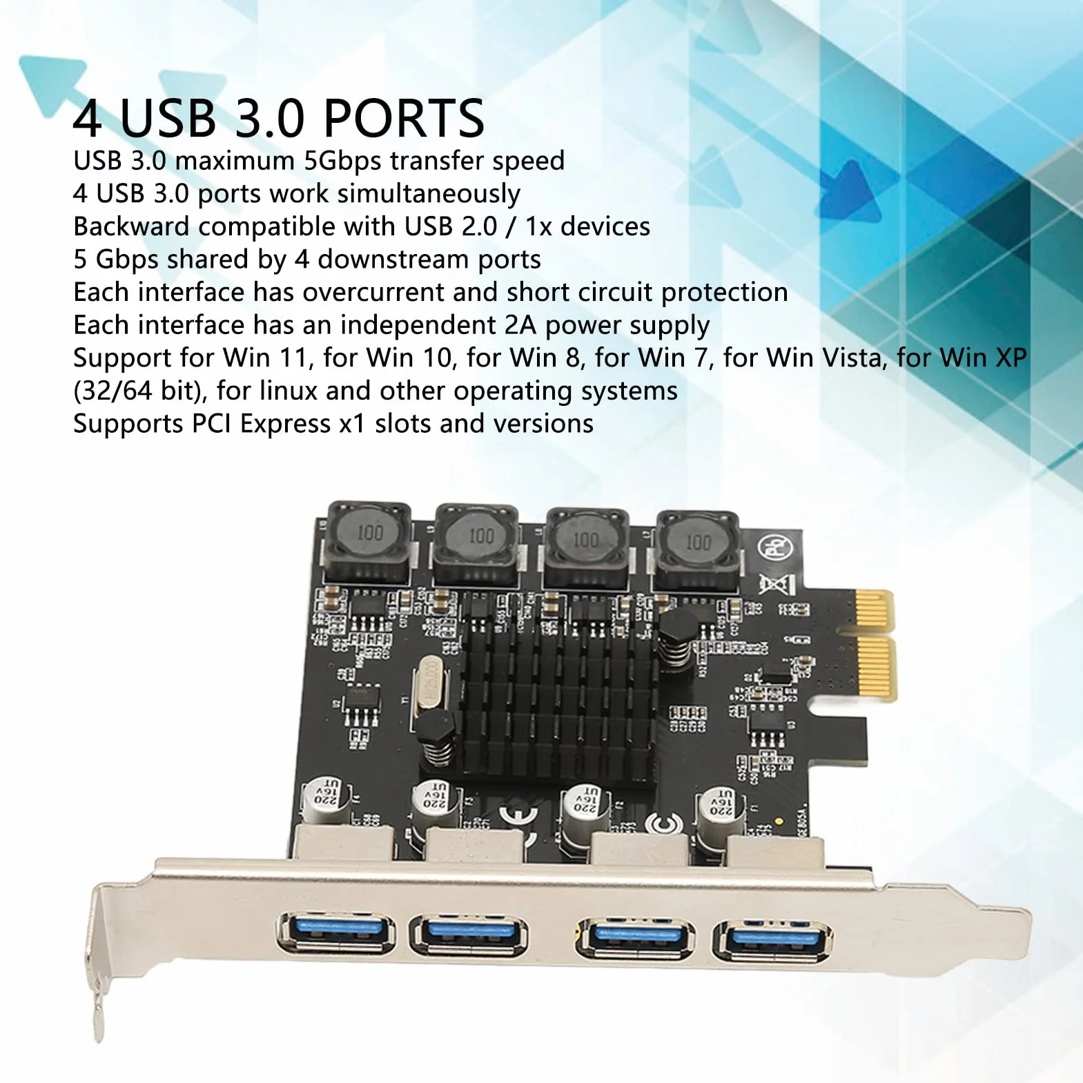 Karta Rozszerzeń PCIE na USB, Karta Adaptera 5 Gb/s 4 Porty USB 3.0 dla 7/8/10/11/XP dla Vista dla Linux Interfejs Magistrali PCI E Brak Zewnętrznego Zasilania