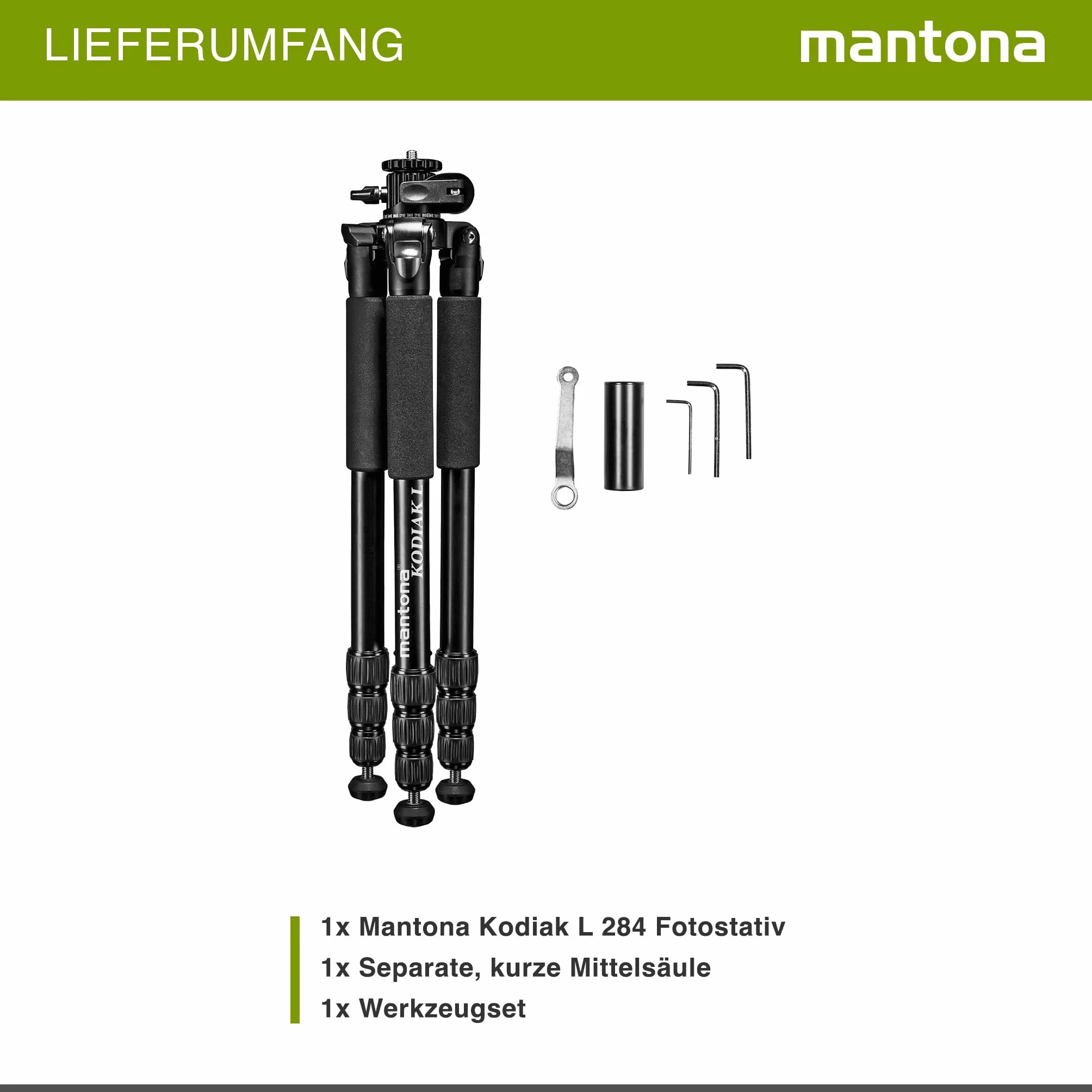 Mantona Kodiak L aluminiowy statyw fotograficzny, stabilny, profesjonalny statyw fotograficzny bez głowicy kulowej, obrotowa, obrotowa kolumna środkowa, kolce, 2. krótka kolumna środkowa, do