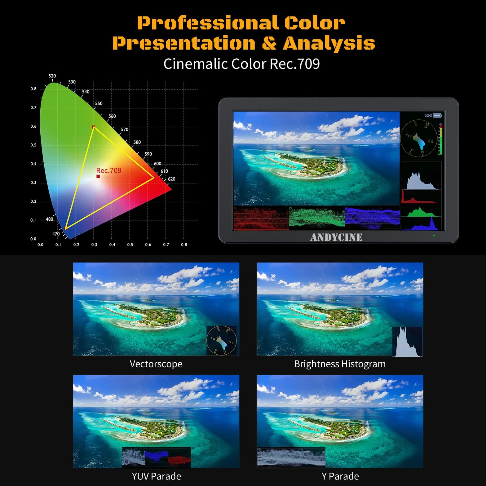 ANDYCINE T6 monitor kamery 6", 4K 60 Hz HDMI, aluminiowa obudowa HDR 1920 x 1080 IPS z akumulatorem 2200 mAh i torbą do przenoszenia, Wave Form 3D LUT, Video Peaking, asystent ostrości do nagrywania