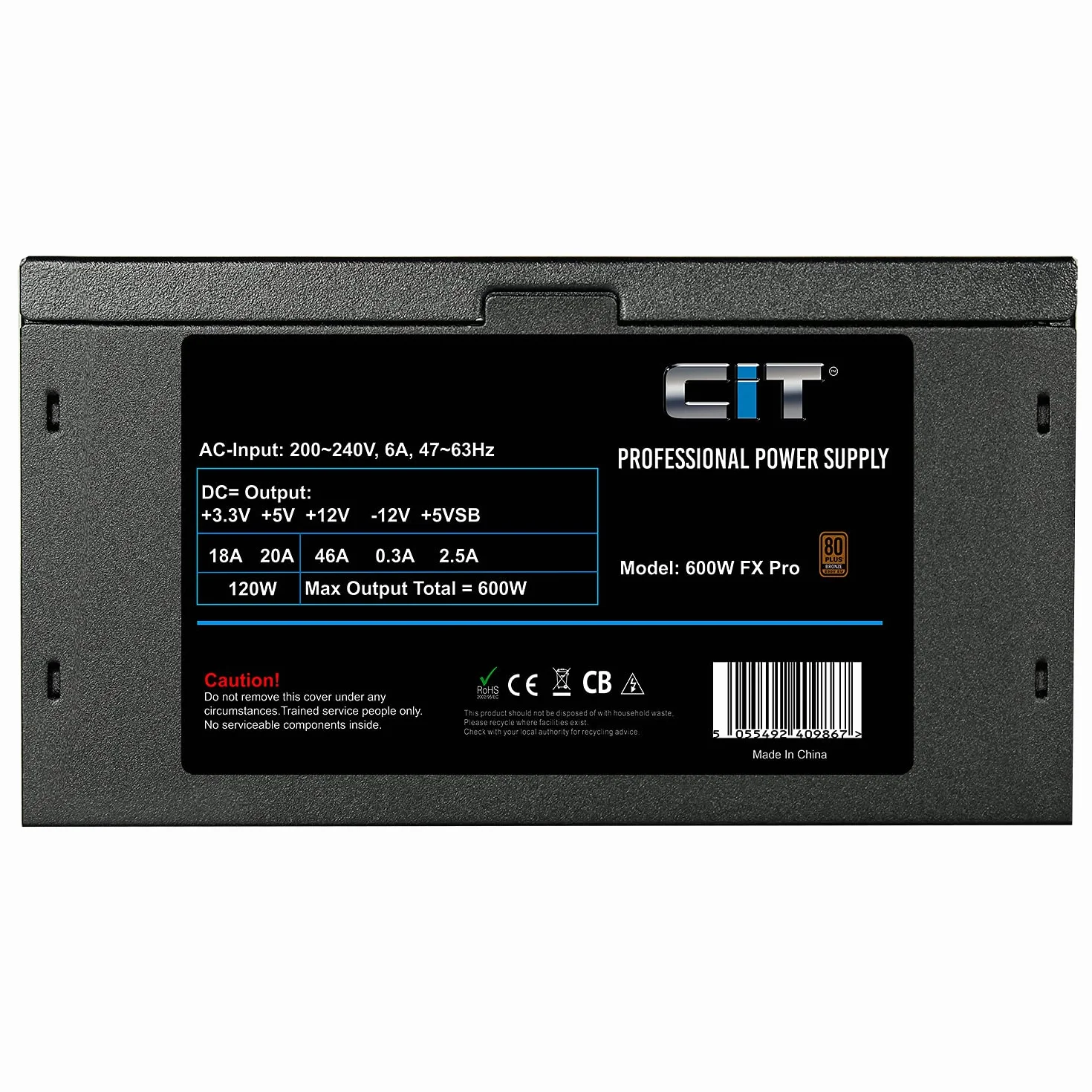 CiT Zasilacz FX Pro 600 W (bez kabla zasilającego), niemodułowy, APFC, japoński kondensator główny Tk, brąz 80 Plus, wydajność 88%, wentylator chłodzący 14 cm, dla profesjonalnych graczy | czarny