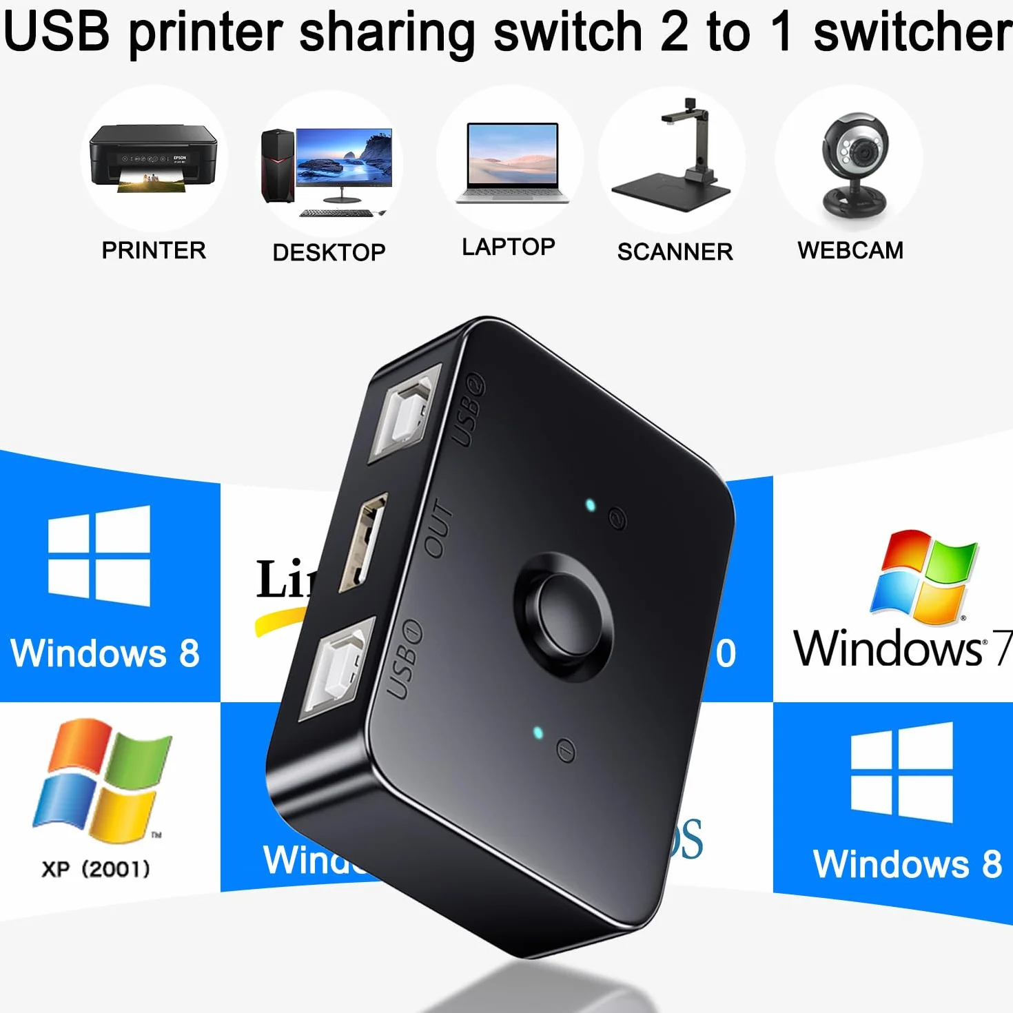 QIANRENON USB2.0 Printer Sharing Switch 2 porty USB B przełącznik drukowania, adapter 2 części komputerowe, 1 drukarka, przełącznik ręczny, ze światłem LED, w zestawie 2 x kabel USB 2.0 do drukarki