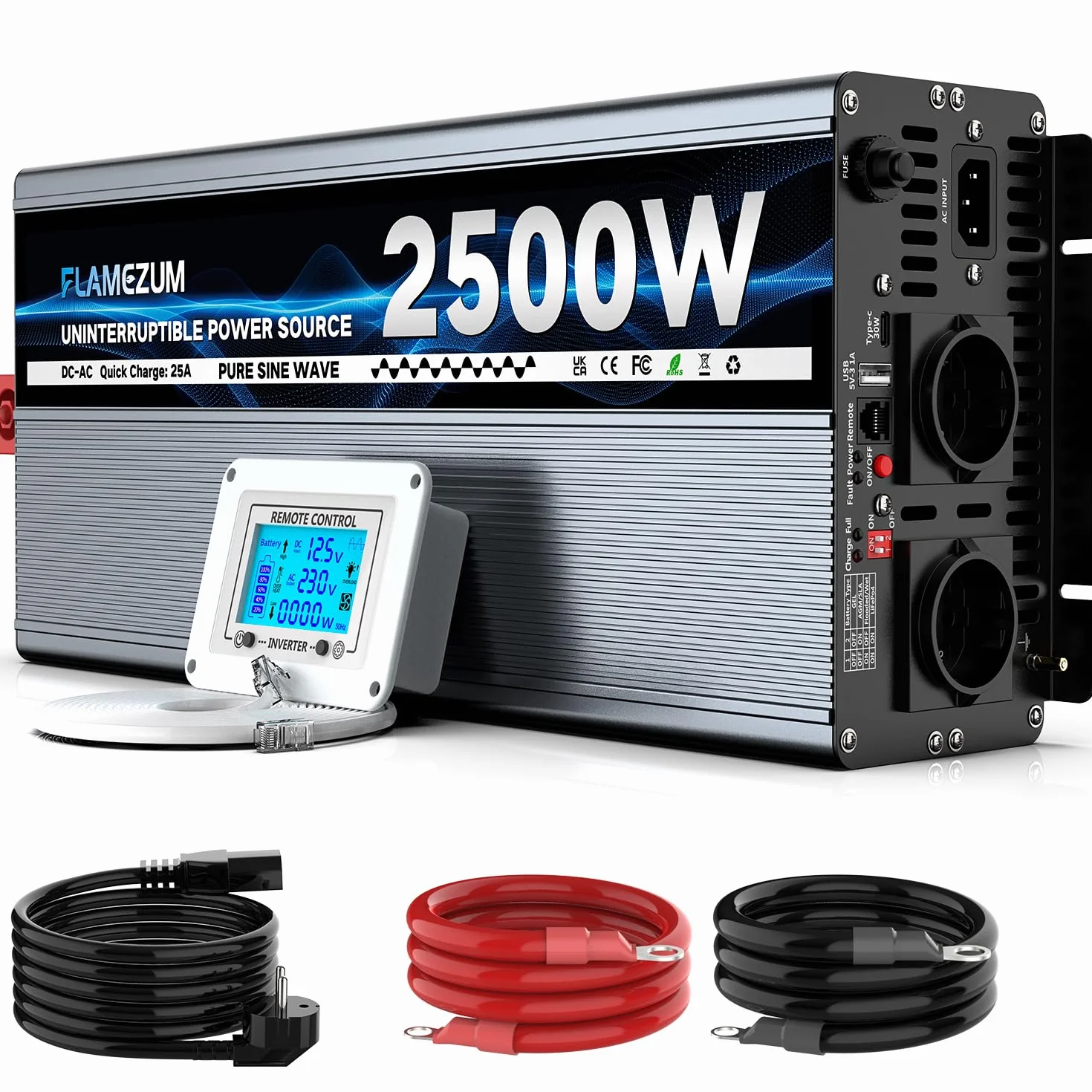 UPS falownik 12 V 220 V czysta fala 2500 W z ładowarką 30 A, obwodem priorytetowym, pilotem LCD, falownikiem do nieprzerwanego zasilania, akwarium