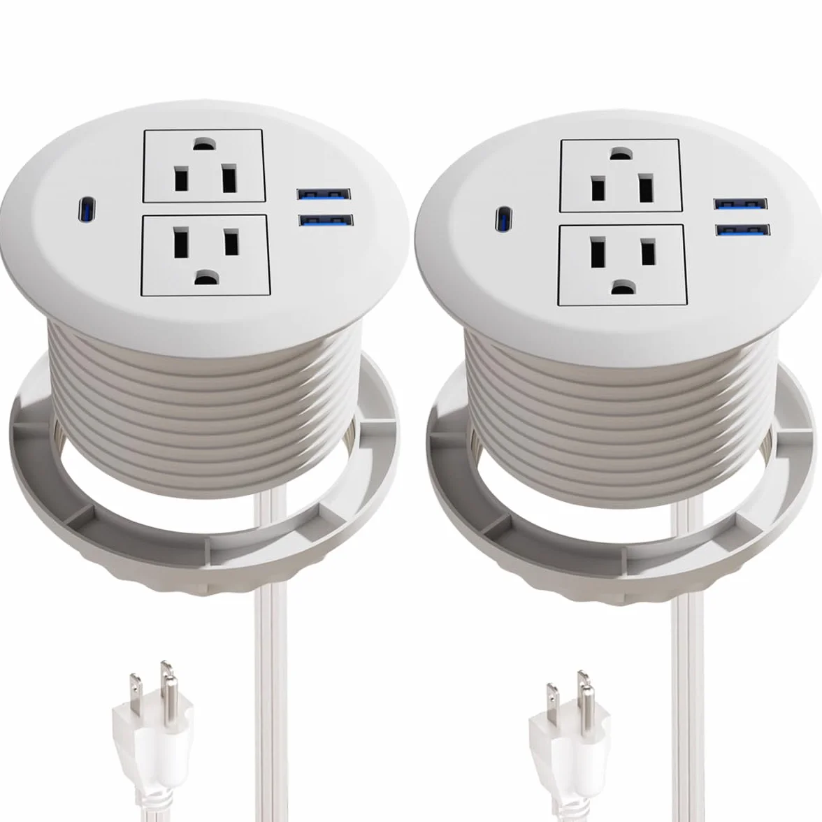 Wpuszczane przelotki zasilające, 7 cm, 20 W, szybkie ładowanie USB C.Fadossu na biurko, podtynkowe gniazdo zasilania z 2 gniazdkami AC, 3 porty USB, pasują do okrągłego otworu na biurko, przewód 16 cm