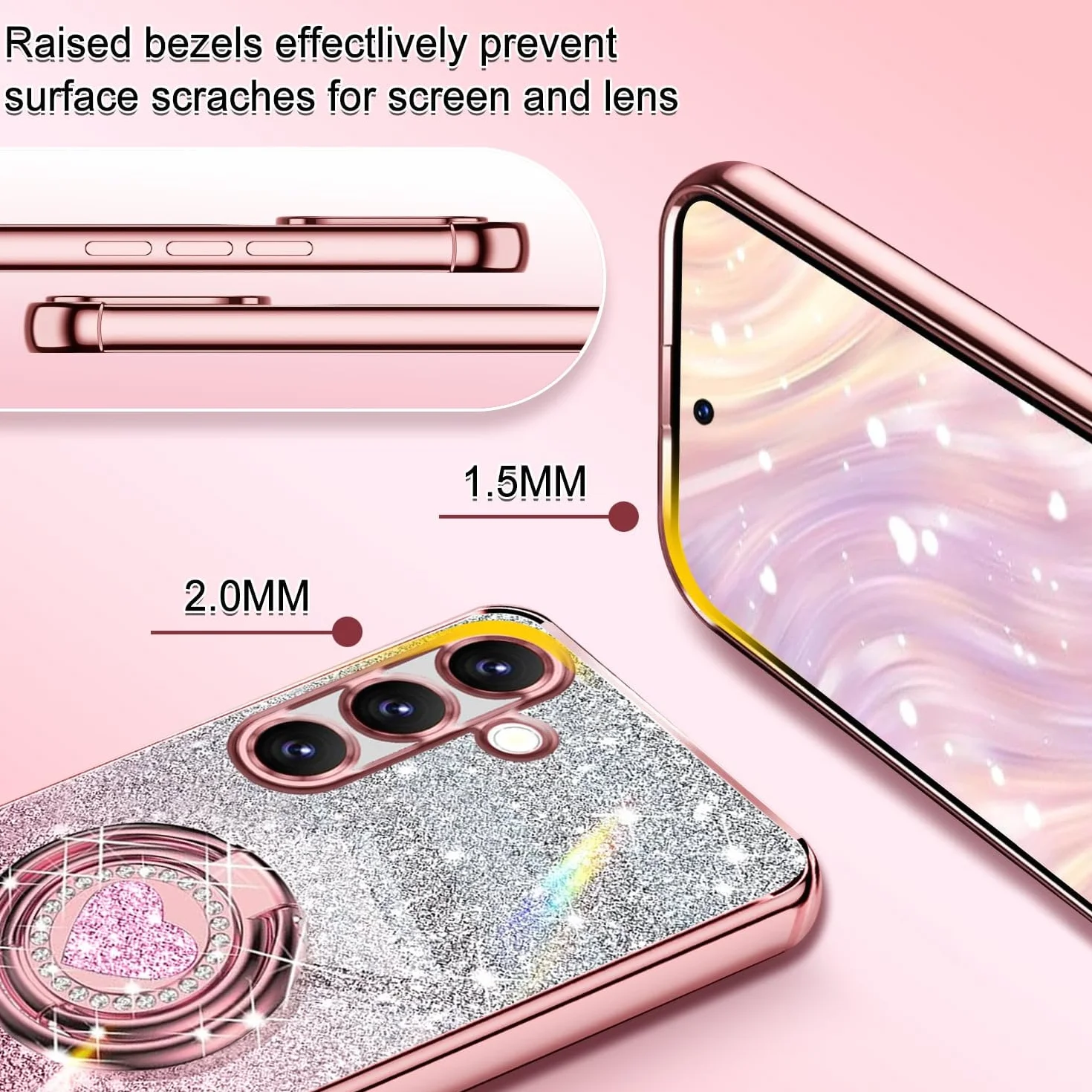 Tawarror Błyszczące etui ze sznurkiem do Samsung Galaxy A56 5G, Galvanisée silikonowe etui z sercem miłości, podwójny uchwyt na pierścień i regulowany naszyjnik pasek na szyję, różowe złoto