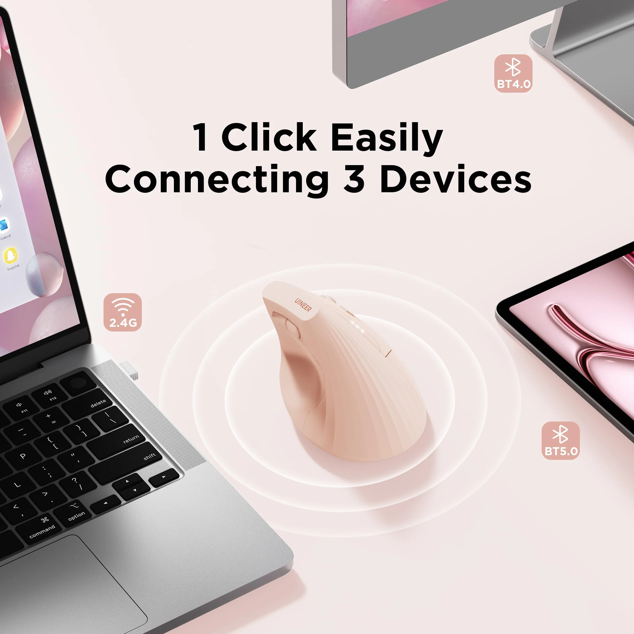 Uineer Pionowa ergonomiczna mysz, bezprzewodowa mysz Bluetooth, 3 urządzenia, cicha | Przełączanie między 3 urządzeniami; boczne kółko przewijania obsługuje poziomą nawigację dokumentów i arkuszy kalkulacyjnych.