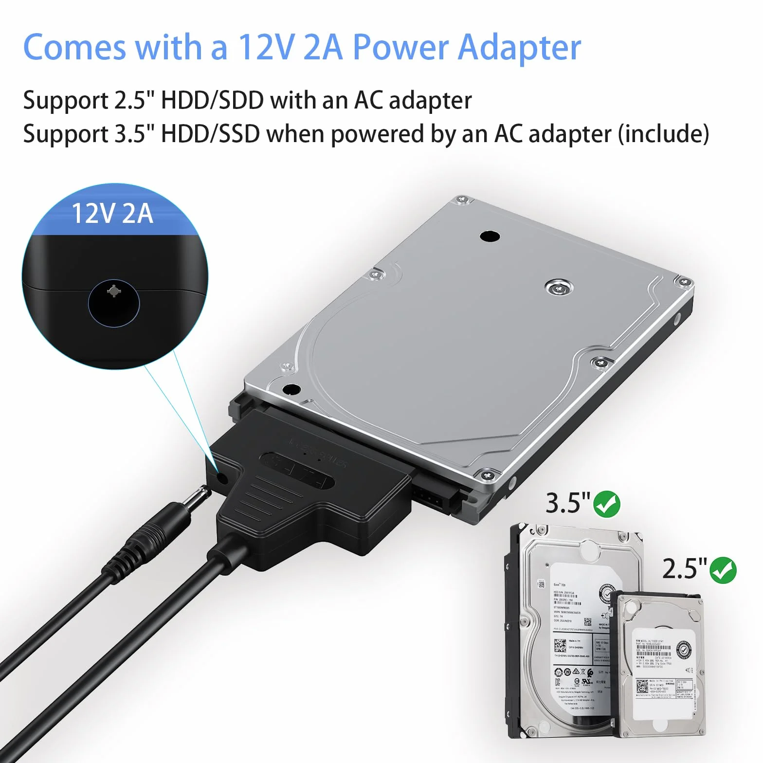 Kabel adaptera SATA na USB 3.0 i USB C do czytnika dysków twardych SSD/HDD 3,5 cala, zewnętrzny konwerter do transferu danych SSD/HDD z zasilaczem 12 V/2 A