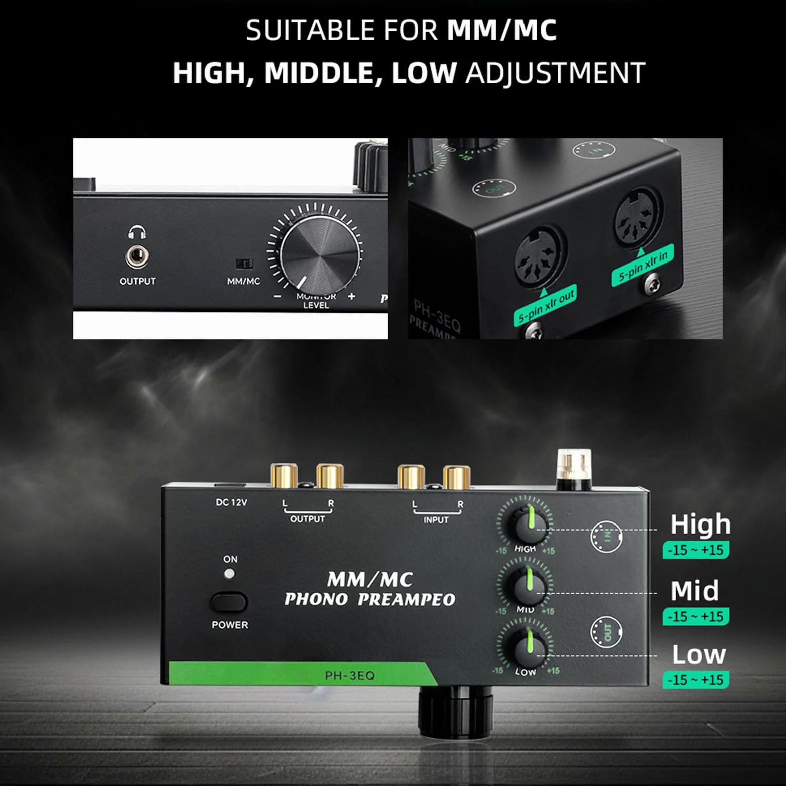 POENVFPO Phono Preamp, Przedwzmacniacz Fonografu Mini Stereo dla Odtwarzacza Rekordu Gramofonu, dla Przełączania Trybu MM/MC (wtyczka UE)
