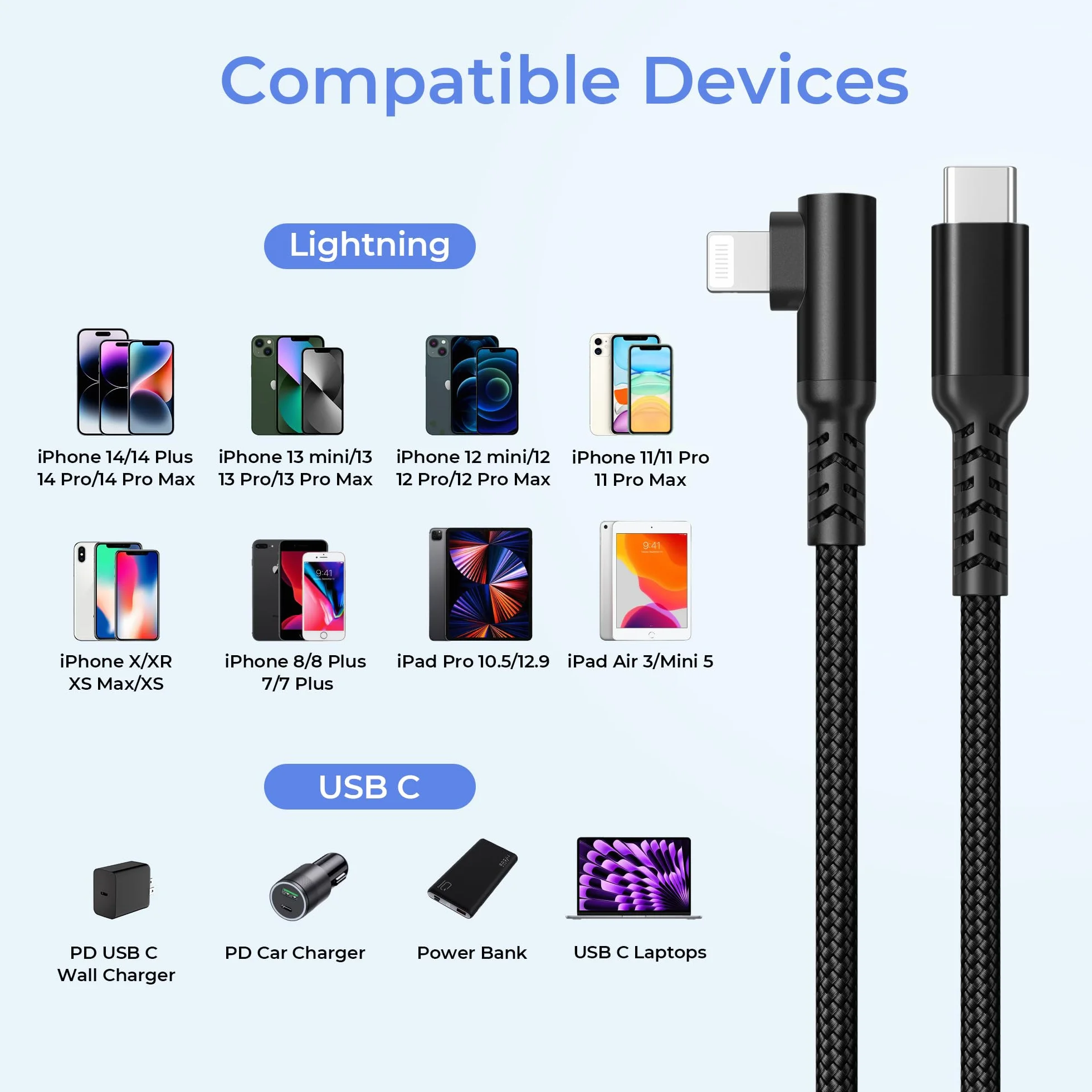 Basesailor 90 stopni USB C na Lightning kabel do ładowania 3 m z adapterem USB A, wtyczka kątowa, długi kabel, typ C, zasilacz PD, kabel do szybkiego ładowania do iPhone 14, 13, 12, Mini Pro Max, XR X