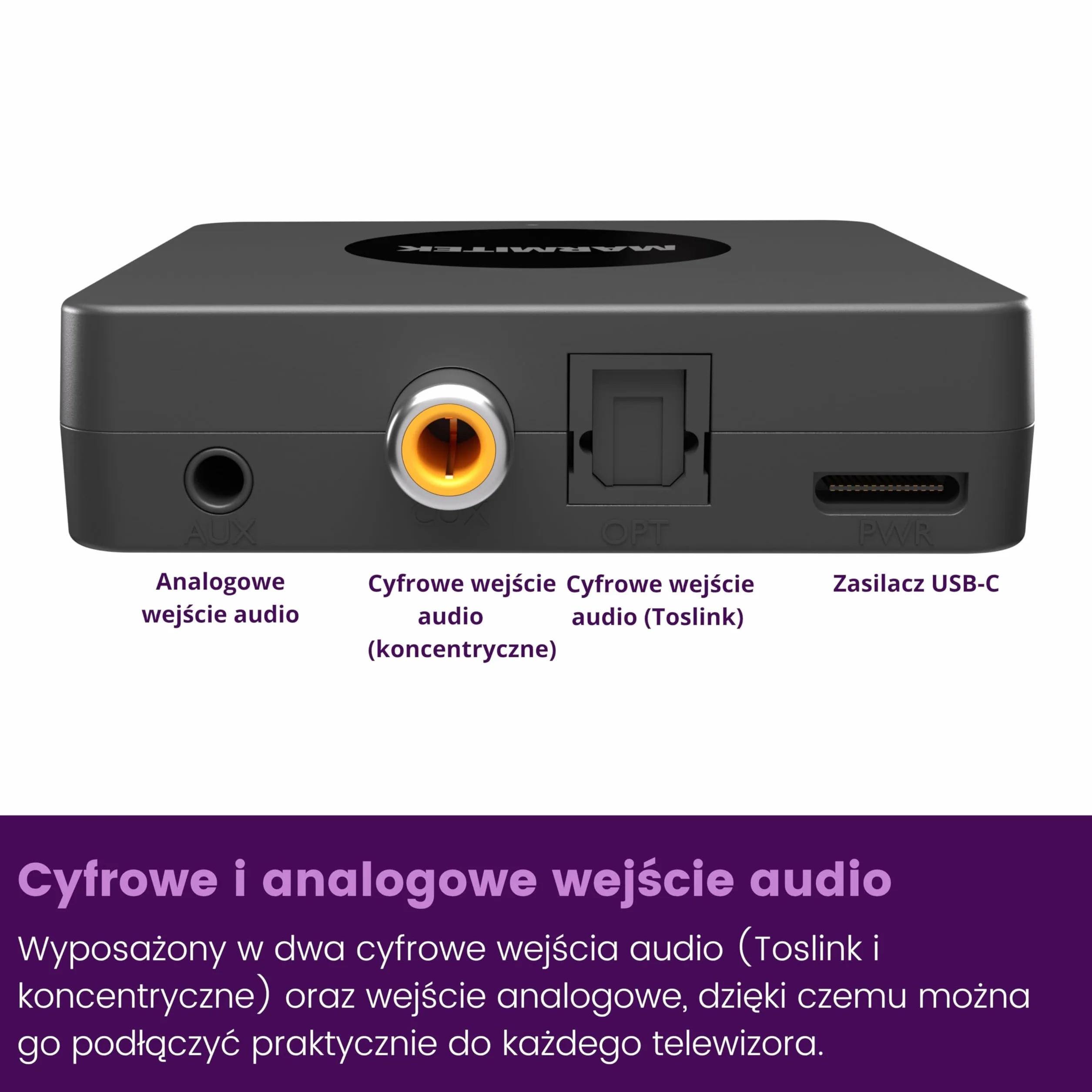 Transmiter Bluetooth TV Marmitek BoomBoom 55 HD - aptX HD aptX Low Latency aptX Adaptive - 2 słuchawki jednocześnie - Toslink coax jack 3,5 mm - nadajnik audio Bluetooth